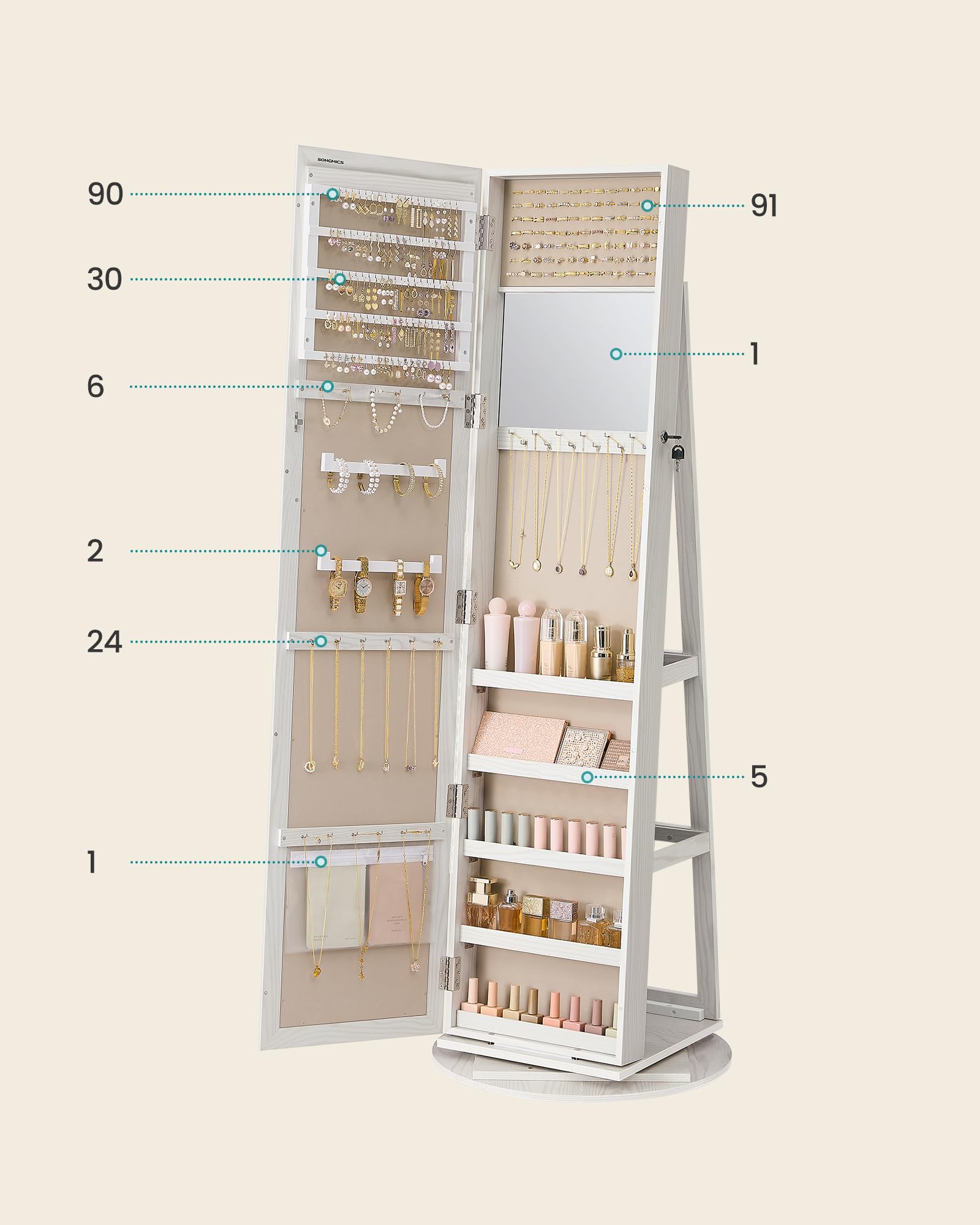 SONGMICS Szafka na biżuterię z lustrem, obracana o 360°, zamykana | Schowek na biżuterię, 3 w 1, półki, jasne cappuccino i biały, Kolekcja BERIT JJC062W101