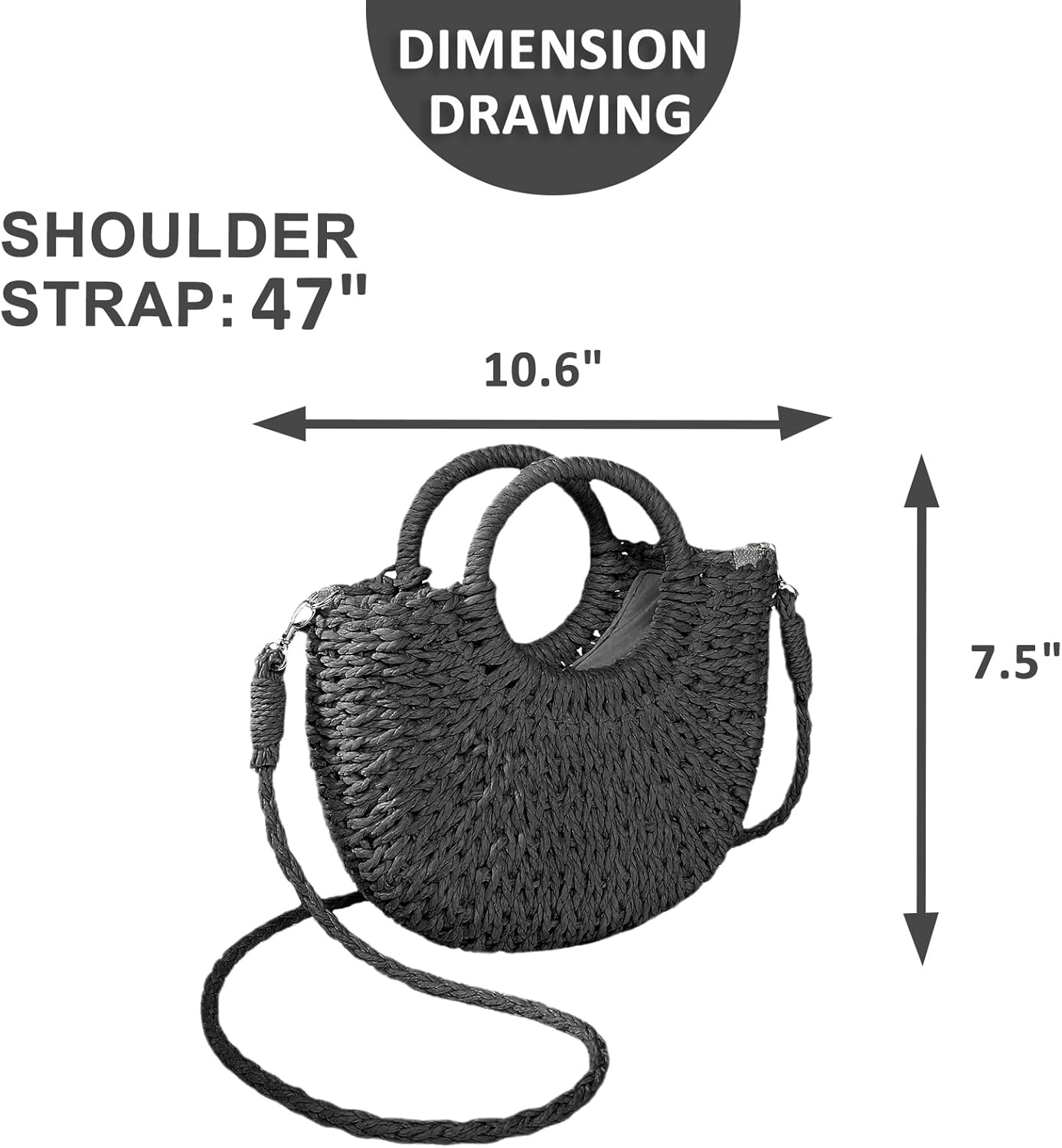 Mini Semi-circle Rattan Straw Bag, Hand-woven Women Summer Retro Beach Tote Shoulder Bag Crossbody Travel Beach Bag - Image 3