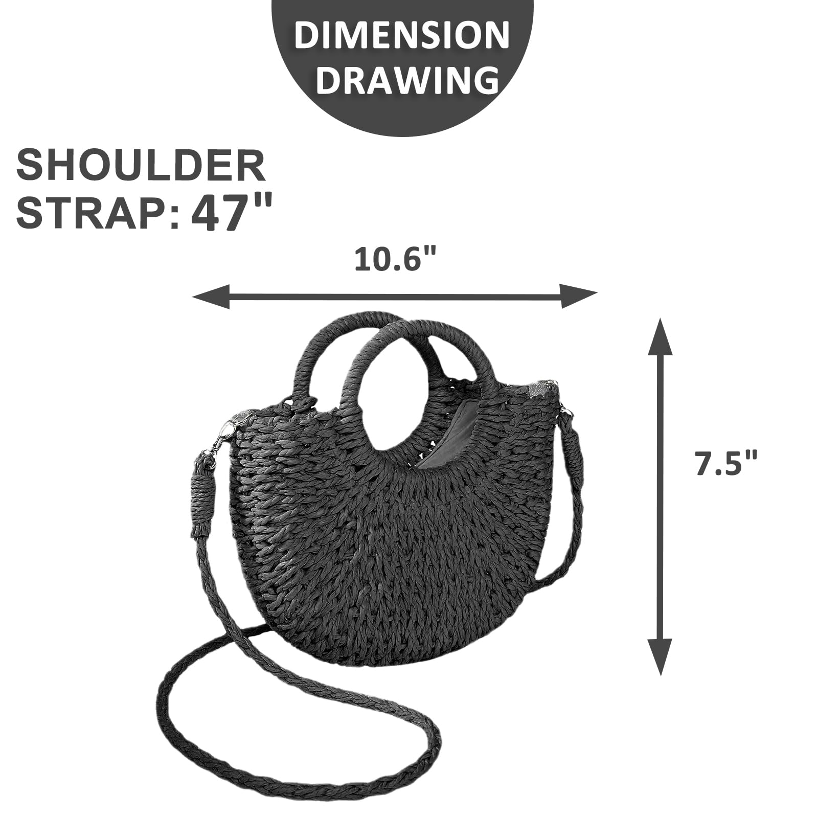 Mini Semi-circle Rattan Straw Bag, Hand-woven Women Summer Retro Beach Tote Shoulder Bag Crossbody Travel Beach Bag