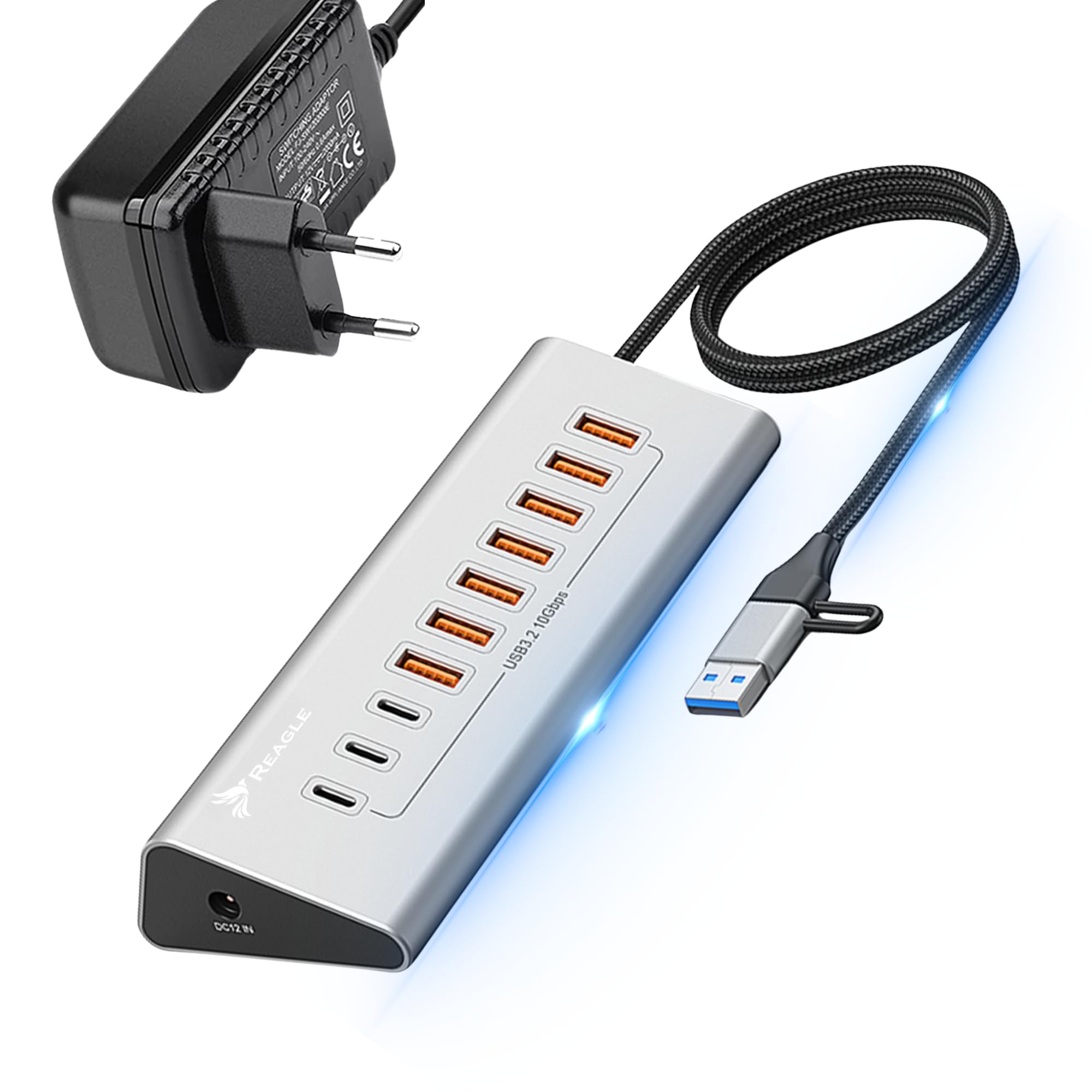 REAGLE 10-portowy koncentrator USB 3.2 z kablem 100 cm do komputera stacjonarnego, 10 w 1, 7 portów USB-A i 3 x USB-C, 36 W, Plug and Play, aluminiowy dystrybutor USB 10 Gb/s, do komputera, laptopa