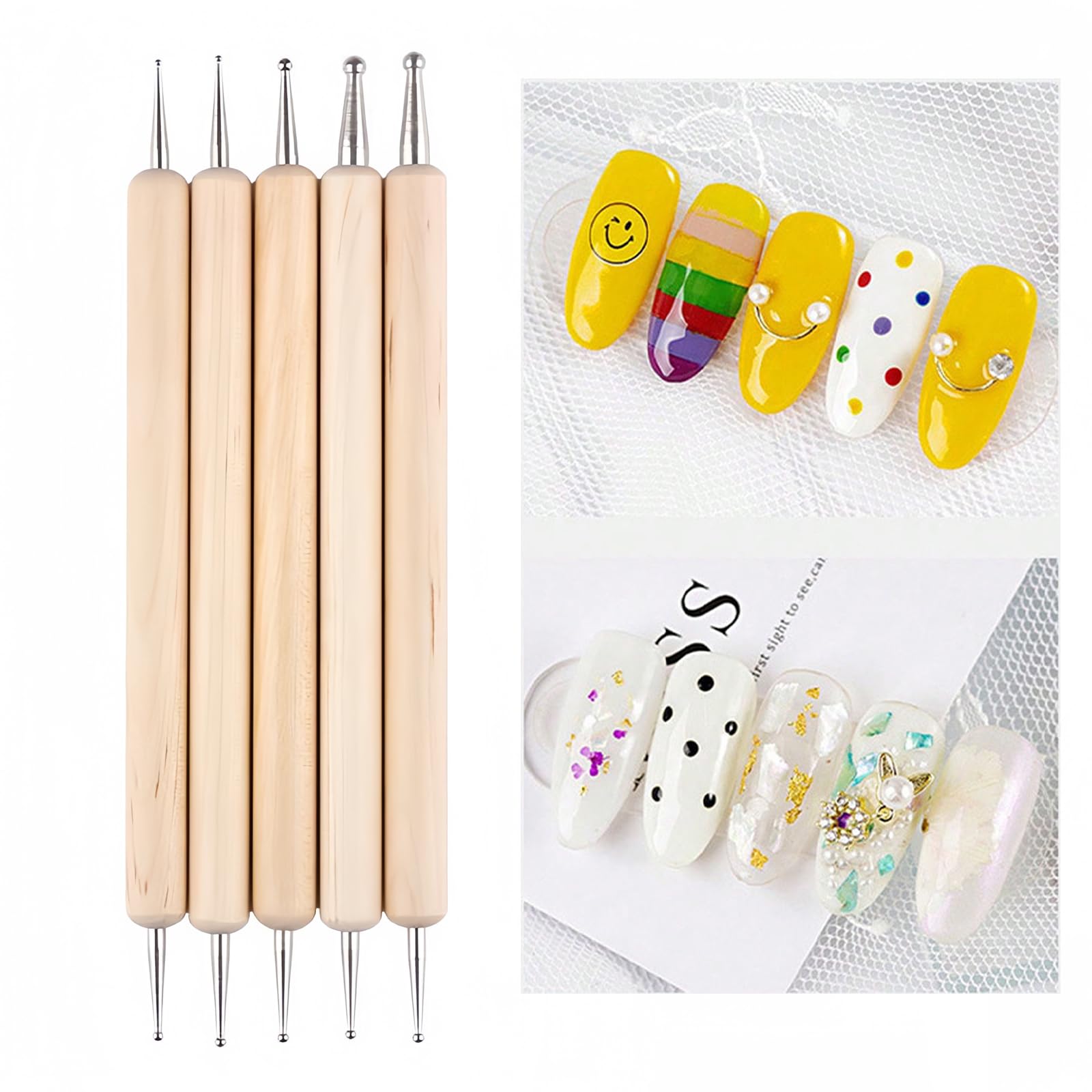 5PCS Wood Nail Dotting Pen Double Ended Nail Rhinestone Picker Dotting Pen Professional Ball End Nail Art Tools Nail Polish Paint Manicure Dot Nail Art Tool for Nail Art DIY Decoration