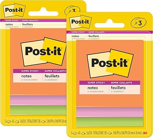 Post-it Notas súper adhesivas, 3 blocs de notas adhesivas, 3 x 3 pulgadas, suministros escolares, productos de oficina, notas adhesivas para