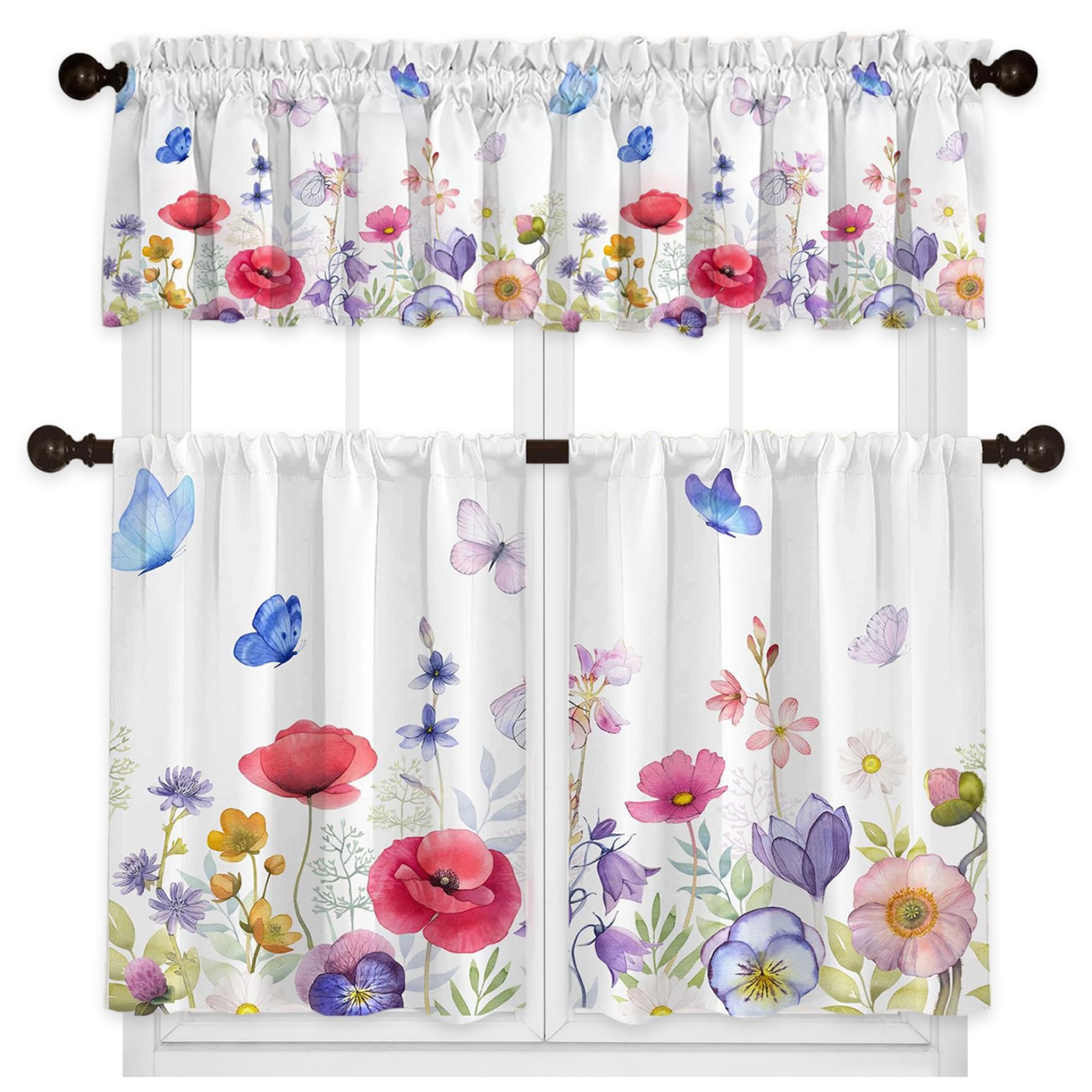 Nukinp Kitchen Curtains Sets for Windows, 3-Piece Semi-Sheer Floral Kitchen Curtains and Valances Set with Pole Pocket for Home Decor
