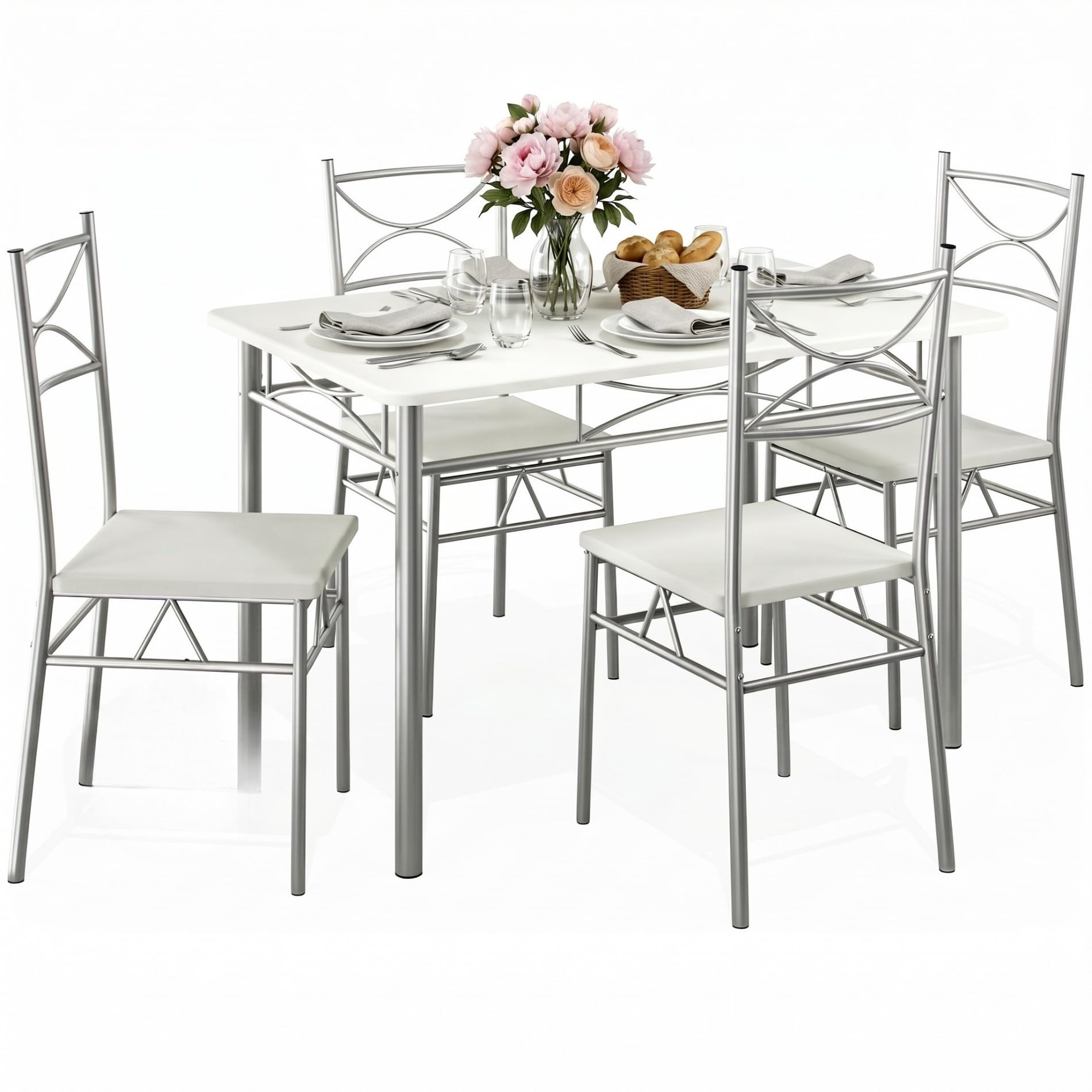 CASARIA® 5 Piece Dining Table and Chairs Set 4 | Dining Table & Dining Chairs Set of 4 | Home and Kitchen | Modern Table and Chairs | Dining Chairs Dining Table Dining Kitchen Set | White & Silver
