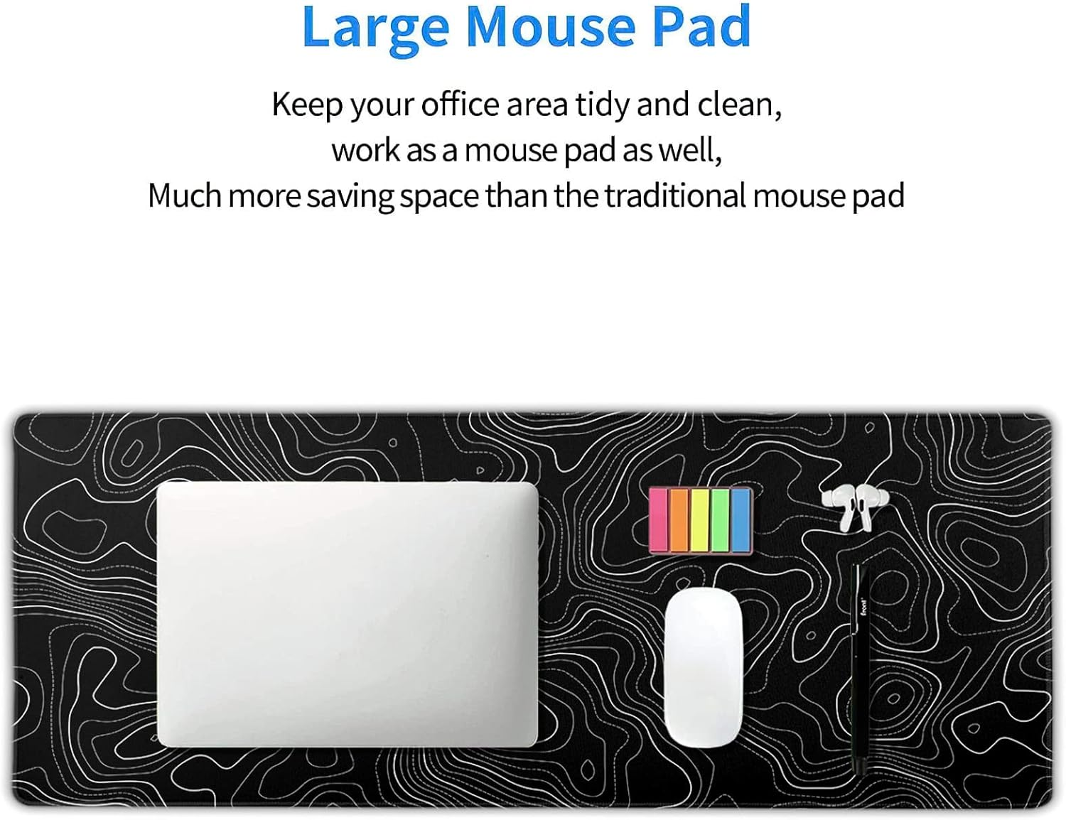 Topographic Contour Black Gaming Mouse Pad XL Topo Geographic Map Lines Extended Large Mouse Pad Big Desk Mat Non-Slip Rubber Base Stitched Edge Long Keyboard Playmat for Desk Computer,31.5×11.8 in - Image 5