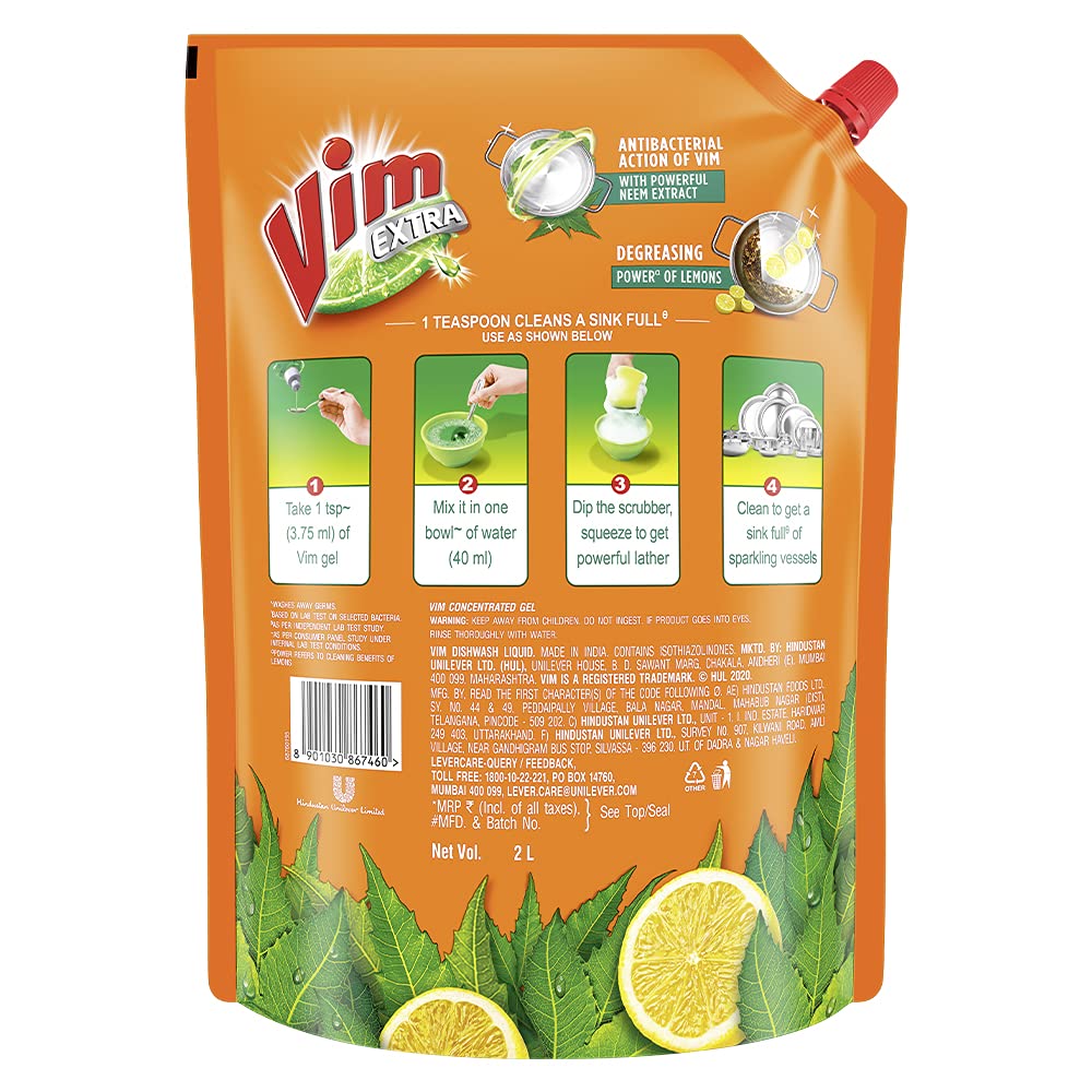 Vim Dishwash Anti Bac Liquid, Neem, 2 Ltr & Vim Antismell with Pudina Buy 4 get 1, Pack of 5 - Image 3 thumbnail