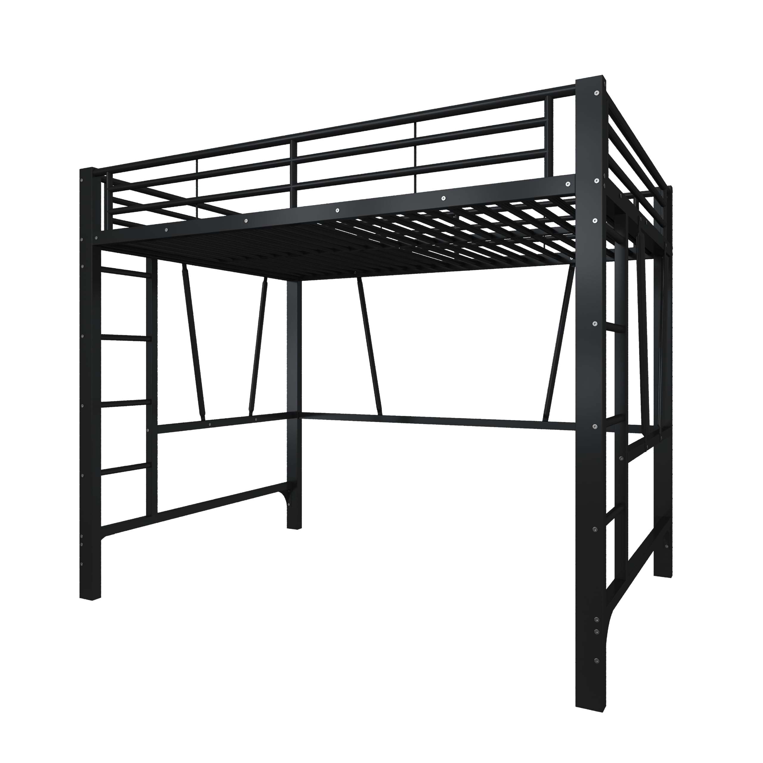 Lcoho Cama alta de 140 x 200 cm, estructura de metal, escalera doble, diseño abierto debajo de la cama, sin colchón, color negro.