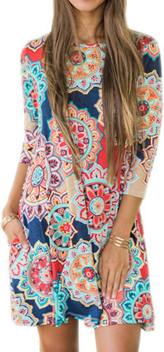 Women's Sleeveless Damask Floral Sun Dress Swing Midi Pockets T-Shirt Dress