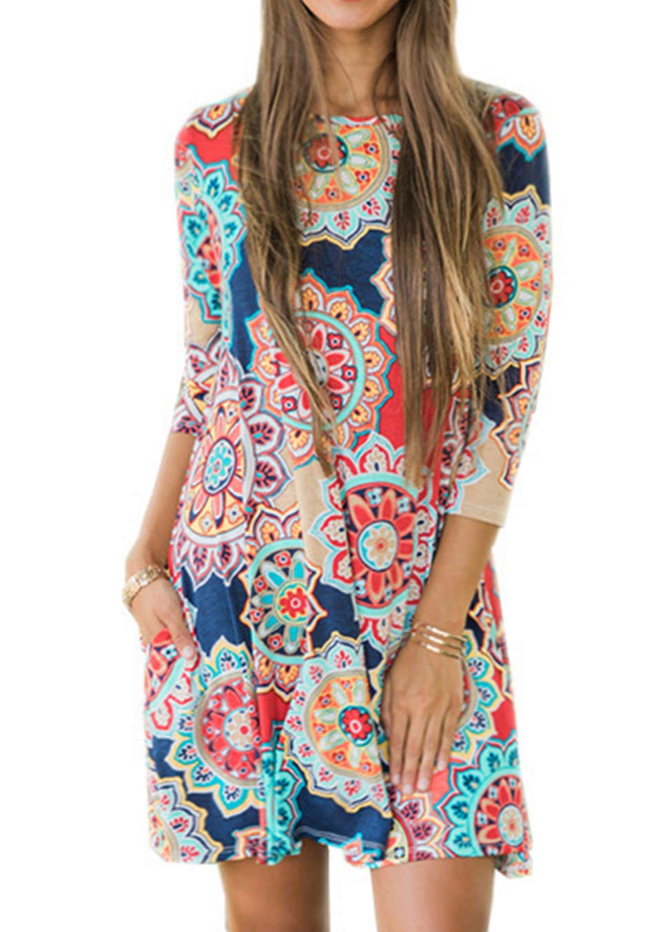 Women's Sleeveless Damask Floral Sun Dress Swing Midi Pockets T-Shirt Dress