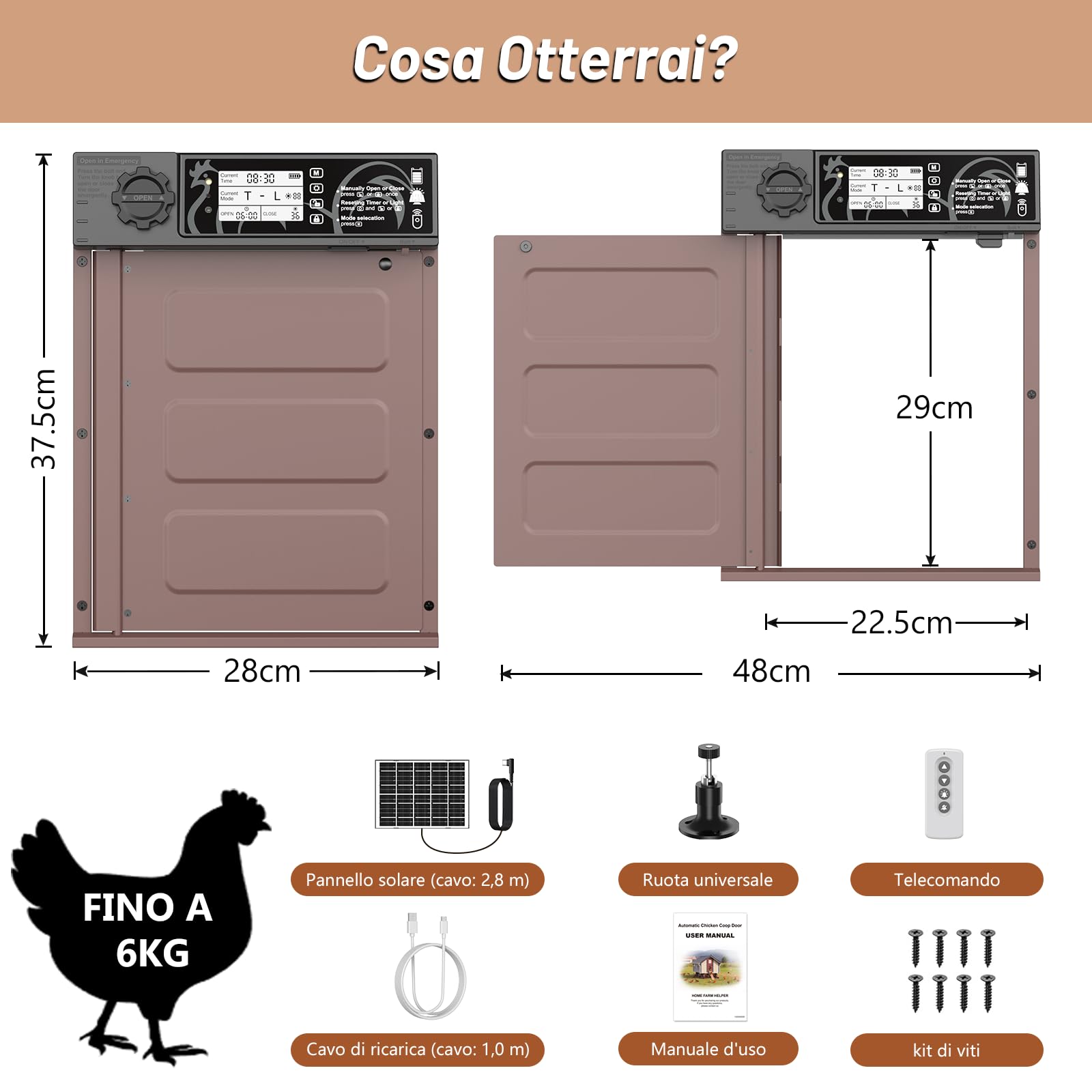Porta pollaio Automatico con Display, Timer, Antipizzicamento, Impermeabile
