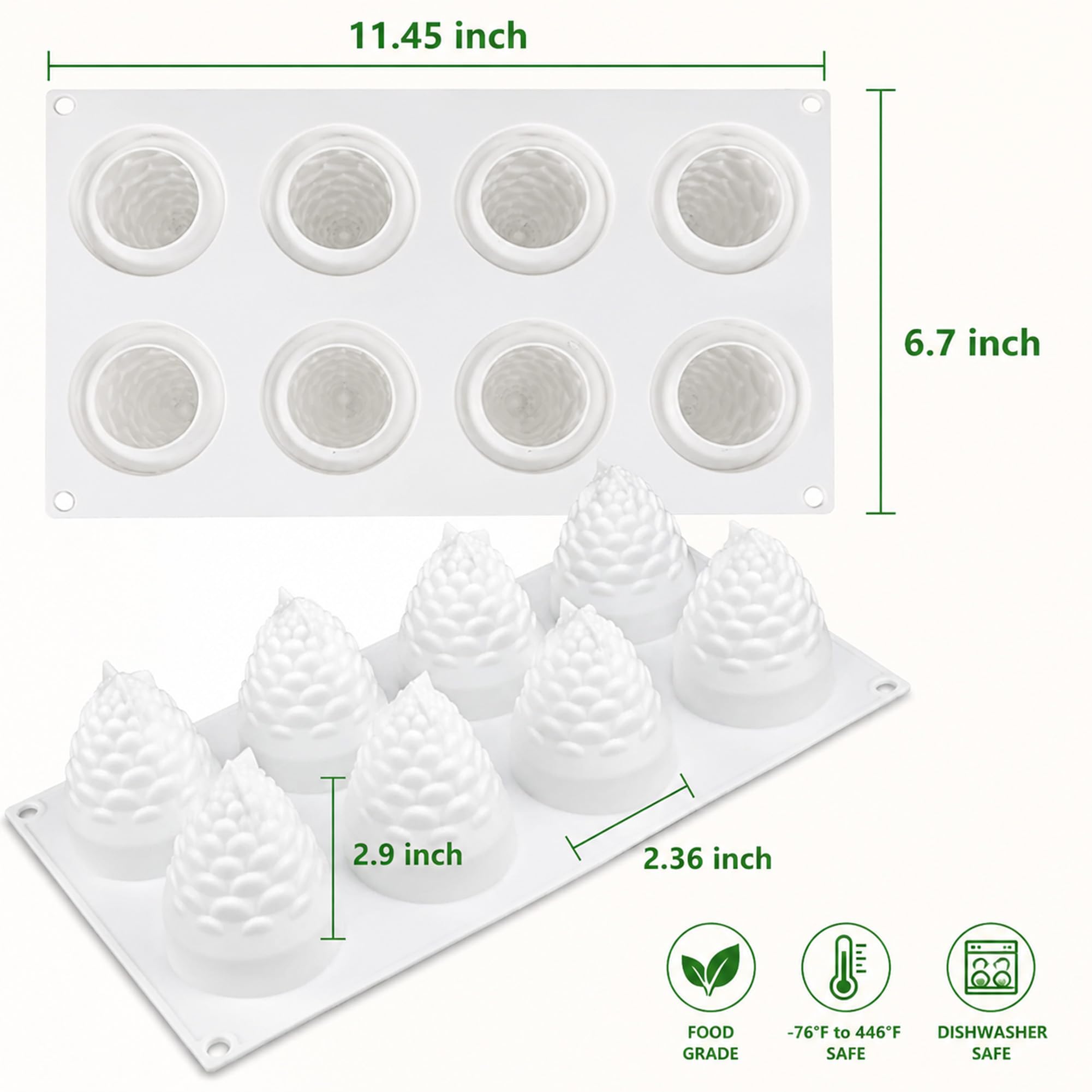 OCPO Kitchen 3D Silikonform Tannenzapfen, Antihaftend Desserts Form, Schokoladenform Silikon BPA Frei, Silikonform zum Backen für Pudding, Gelee, Dessert, Schokolade, Jelly (8 Mulden)