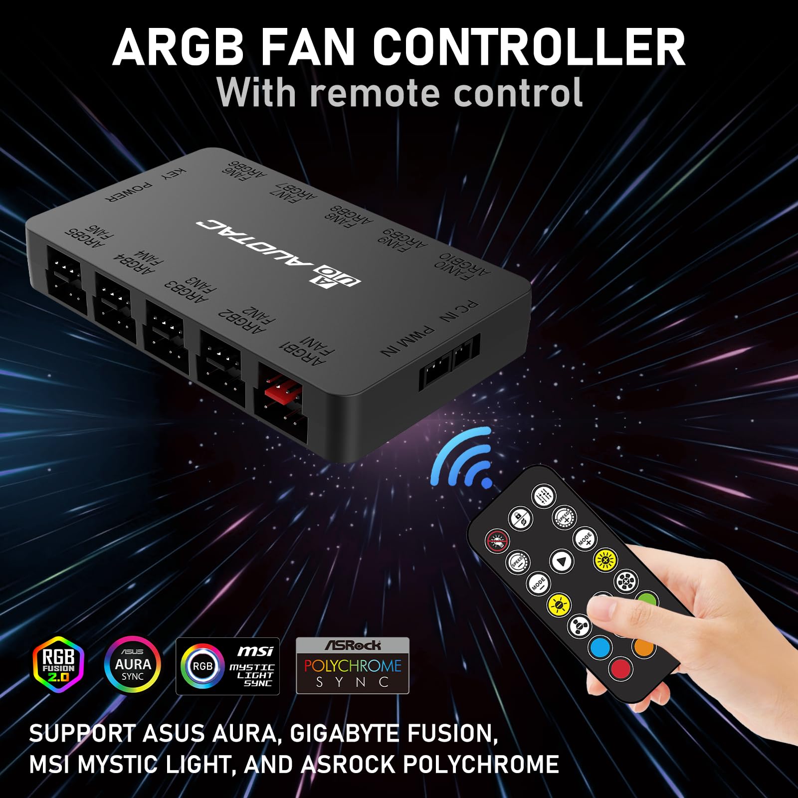 Kontroler ARGB PWM koncentrator wentylatora z pilotem RF, (podłącz dziesięć wentylatorów, 5 V 3-pinowe ARGB i 12 V 4-pinowe złącze wentylatora PWM, podwójne wejście zasilania SATA, zasysanie