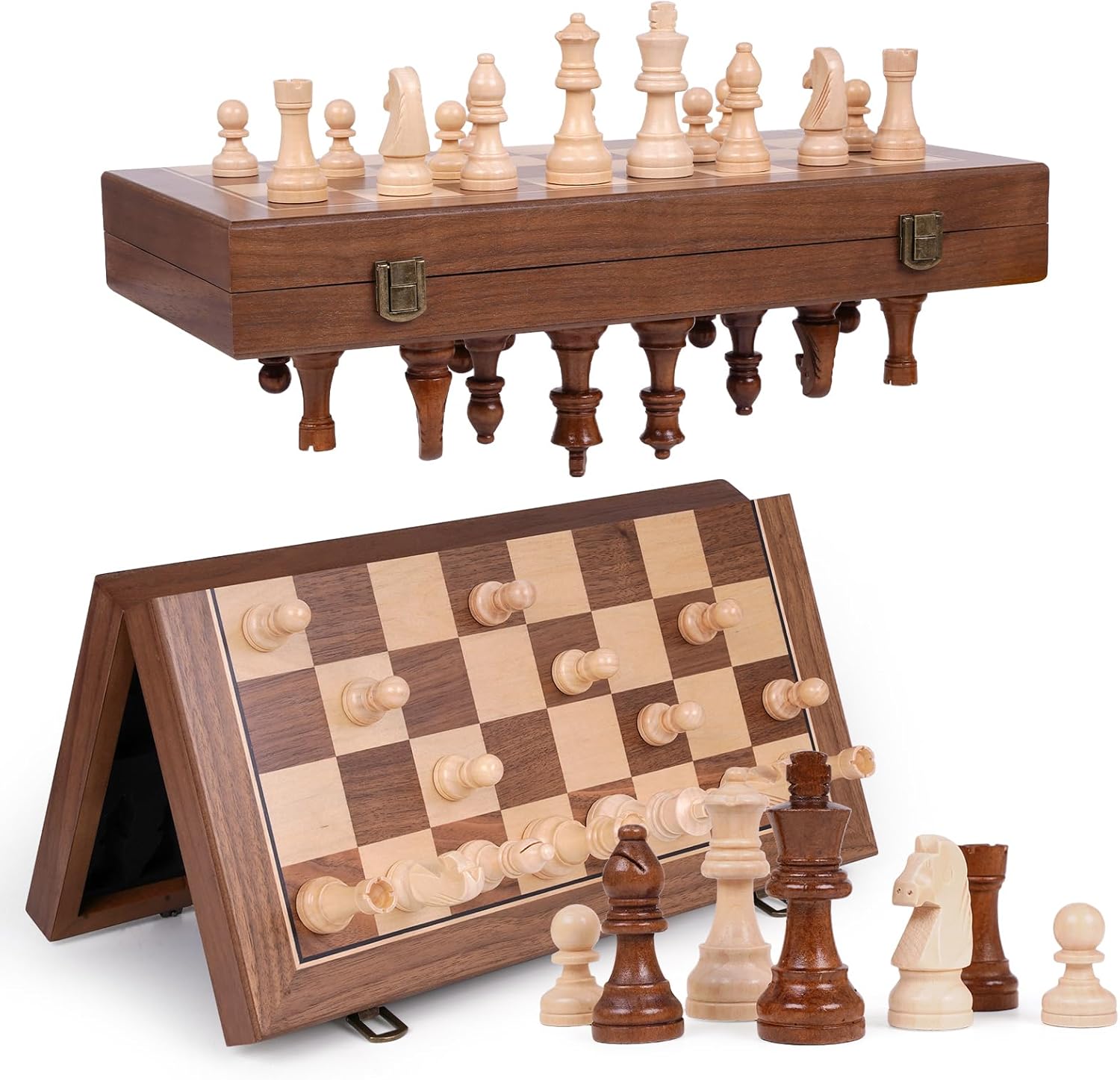 15 Inch Magnetic Wooden Chess Set with Storage, Folding Chess Board Game with Strong Magnets, Tournament Size 3 Inch King, 2 Extra Queens, Portable Travel Chess Set for Adults & Kids