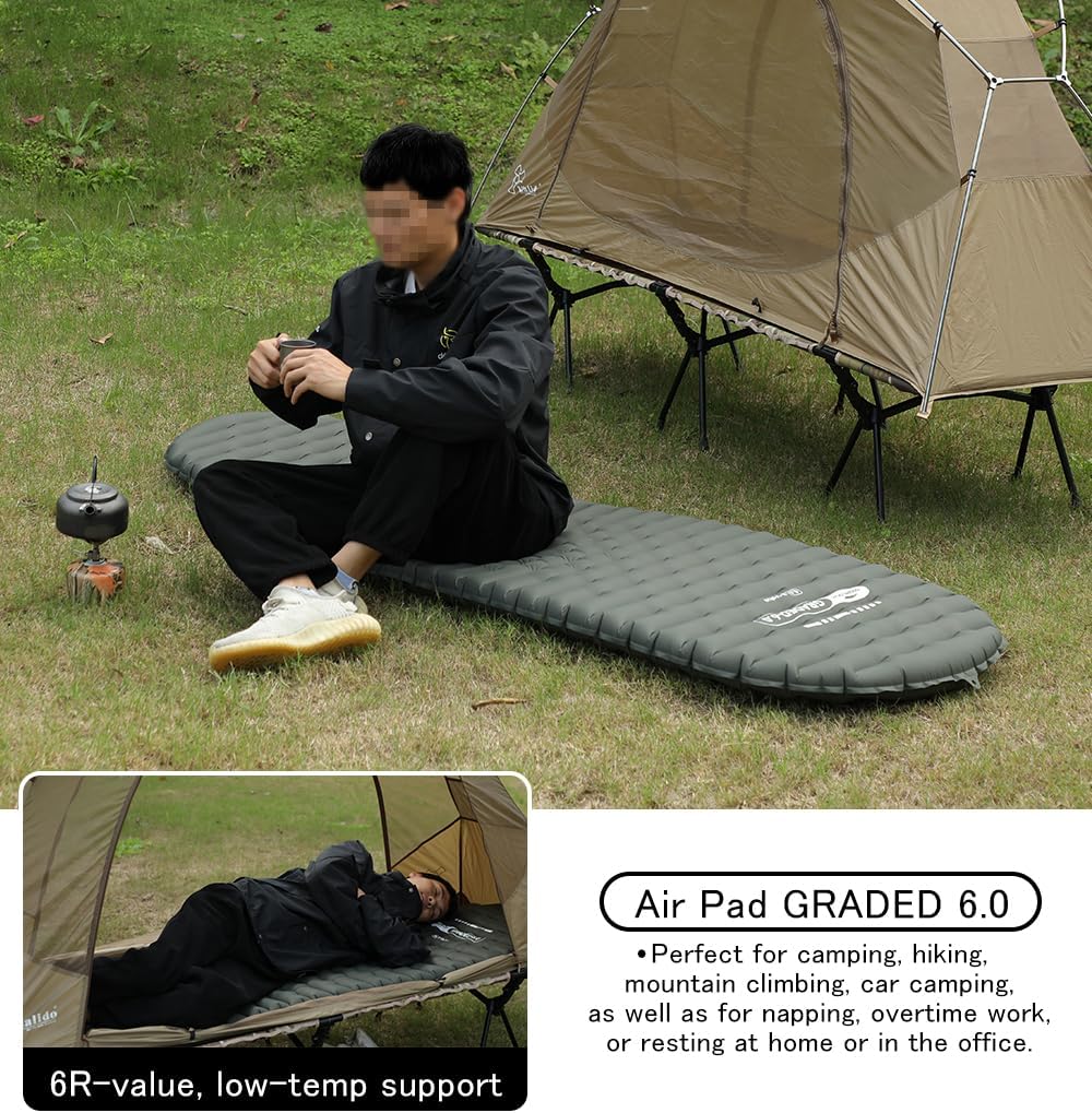 Soomloom Camping Air Pad Graded 6.0 High R-Value 6 Insulation Warmth Comfort Compact Lightweight Air Mat Pump Bag Included Backpacking Climbing Outdoor Car Camping Inflatable Sleeping Pad