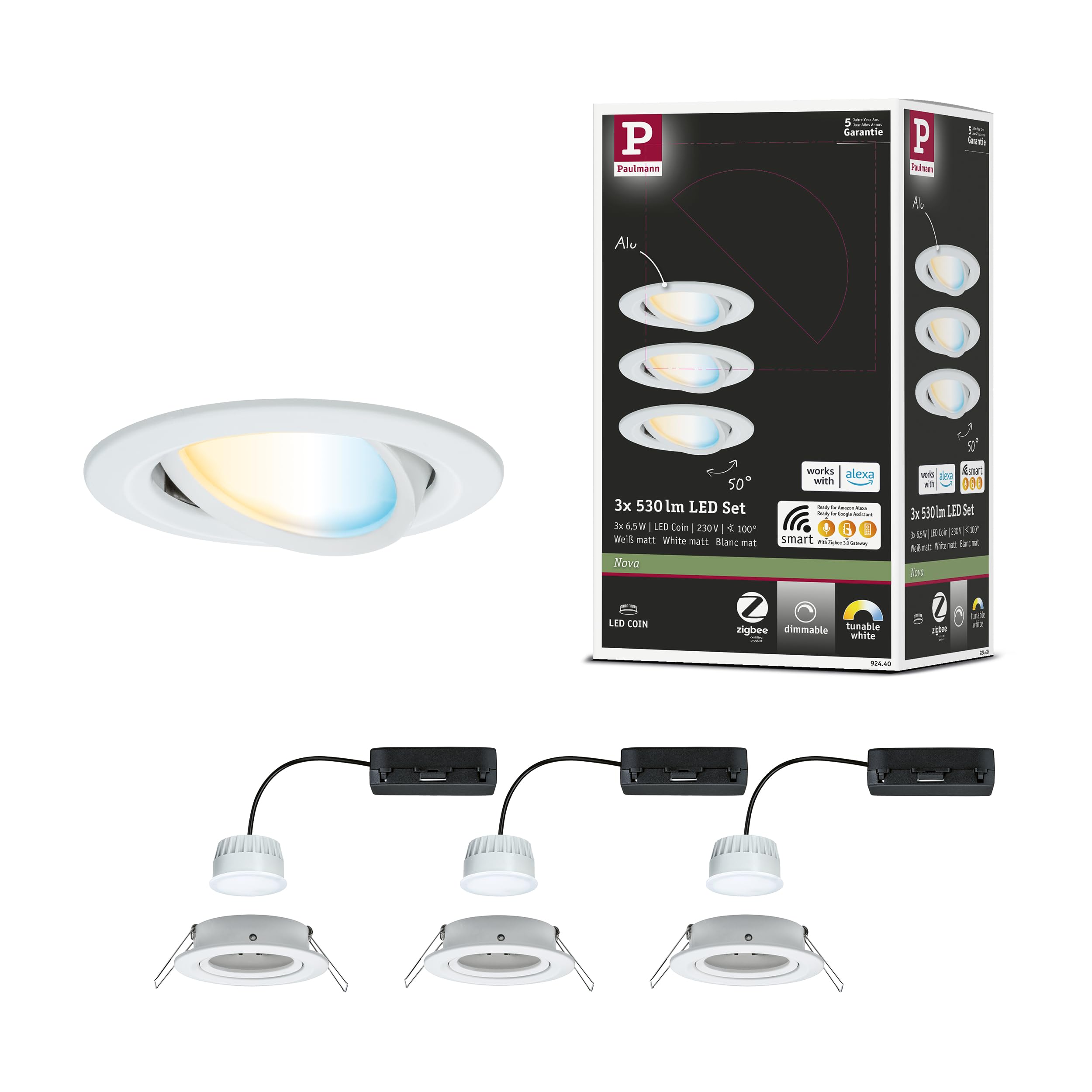 Paulmann 92440 Spot encastré LED Nova Coin rond 84 mm 50° Tunable White 3x6W 3x500lm 230V Blanc dépoli Alu moulé sous pression