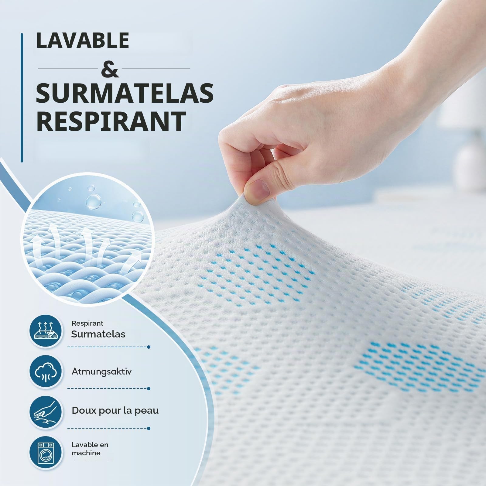 Surmatelas 160x200 Mousse mémoire Forme Gel 7cm Respirant 2 Personnes