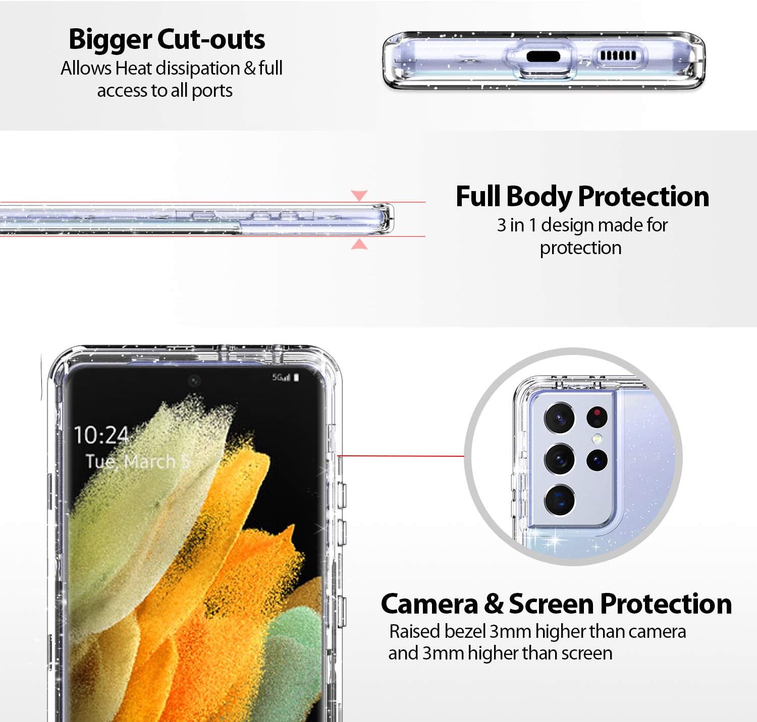 Coolwee Crystal Glitter Full Protective Case for Galaxy S21 Ultra Heavy Duty Hybrid 3 in 1 Rugged Shockproof Women Girls Transparent for Samsung Galaxy S21 Ultra 6.8 inch Shiny Clear Bling Sparkle