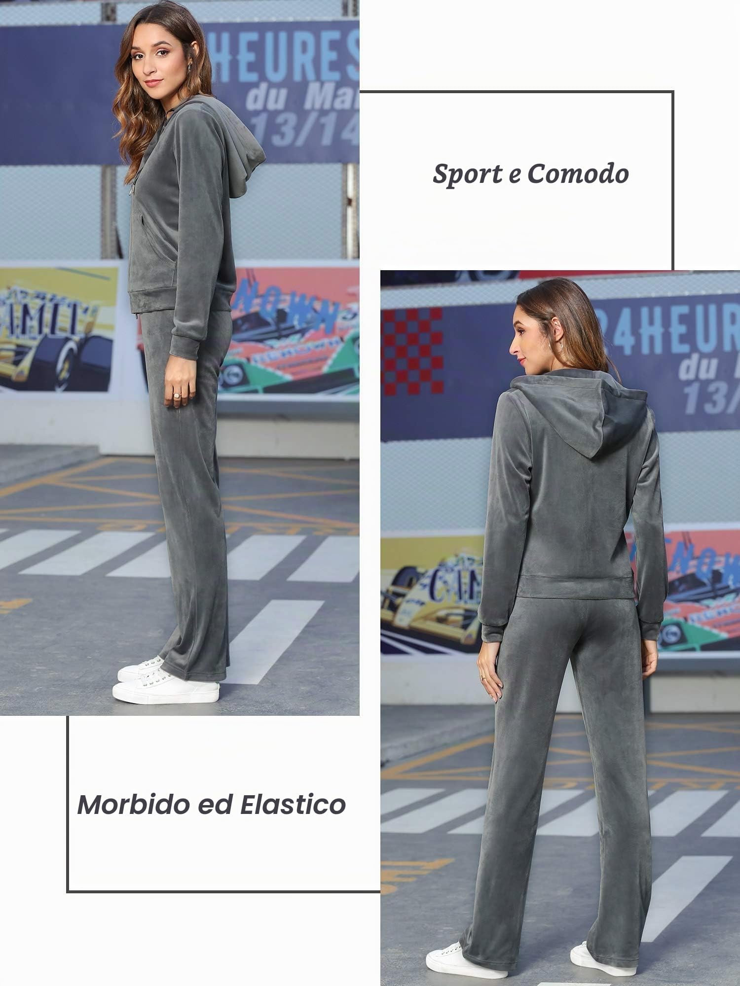 MessBebe, tuta da ginnastica da donna in velluto per il tempo libero lo sport 2 pezzi felpa con cappuccio a maniche lunghe con zip e pantaloni lunghi sportivi grigio., L