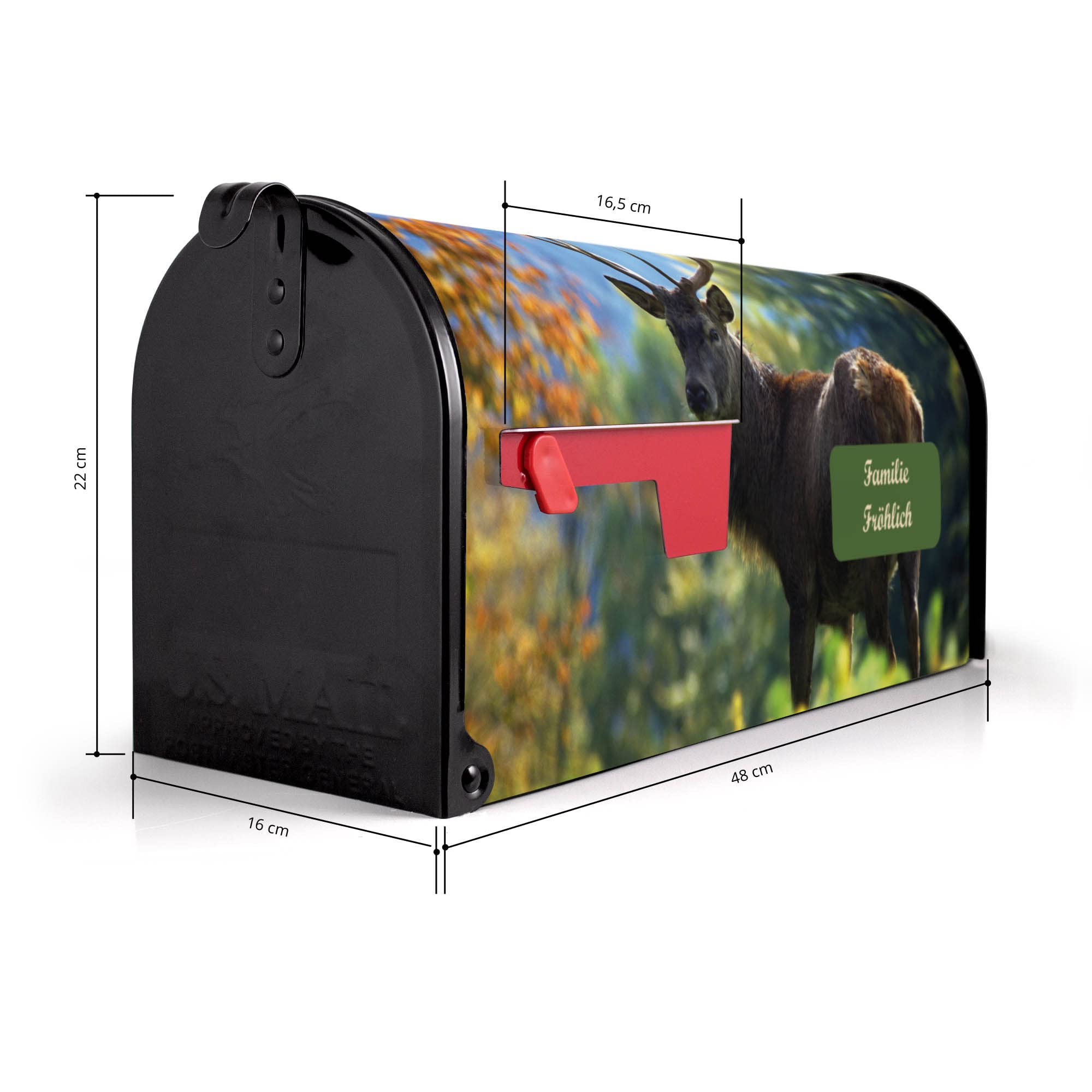 banjado® Amerikanischer Briefkasten - US Mailbox/Letterbox mit Motiv Hirsch 51x22x17cm - Postkasten Stahl aus Amerika – Briefkasten amerikanisch schwarz pulverbeschichtet