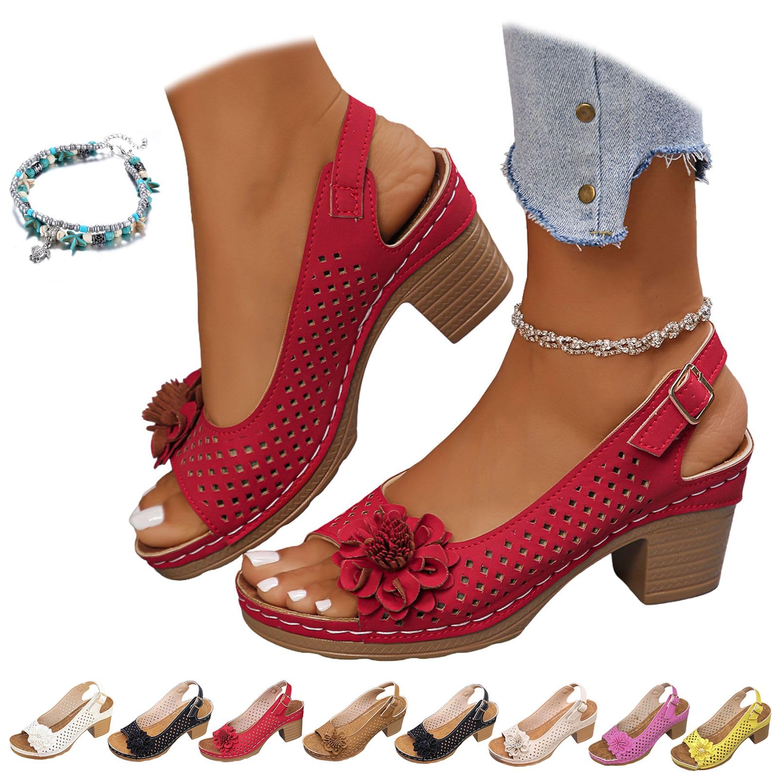 CLOUDEMO Buckled Square Heel Sandals for Women Dressy, Buckled Square Dressy Heel Summer Sandals, Low Slingback Peep Toe Wedge Shoes