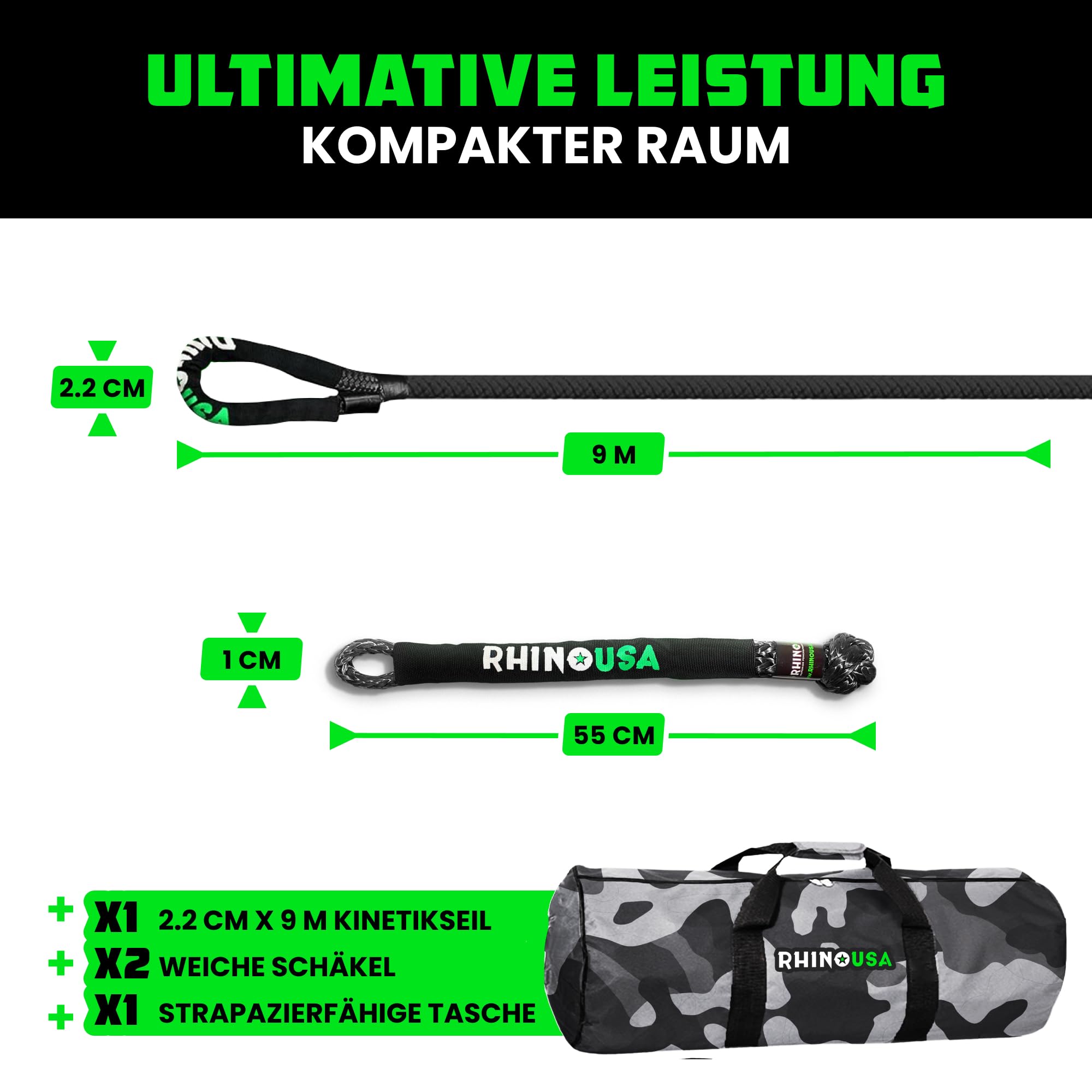 Rhino USA Kinetisches Seil Bergungssatz 13,000kg (2.2cm x 9m) - Schwerlast Offroad Schnappriemen - Abschleppseil elastisch Bergeseil - Set enthält 2 weiche Schäkel für LKW Auto Traktor - Schwarz