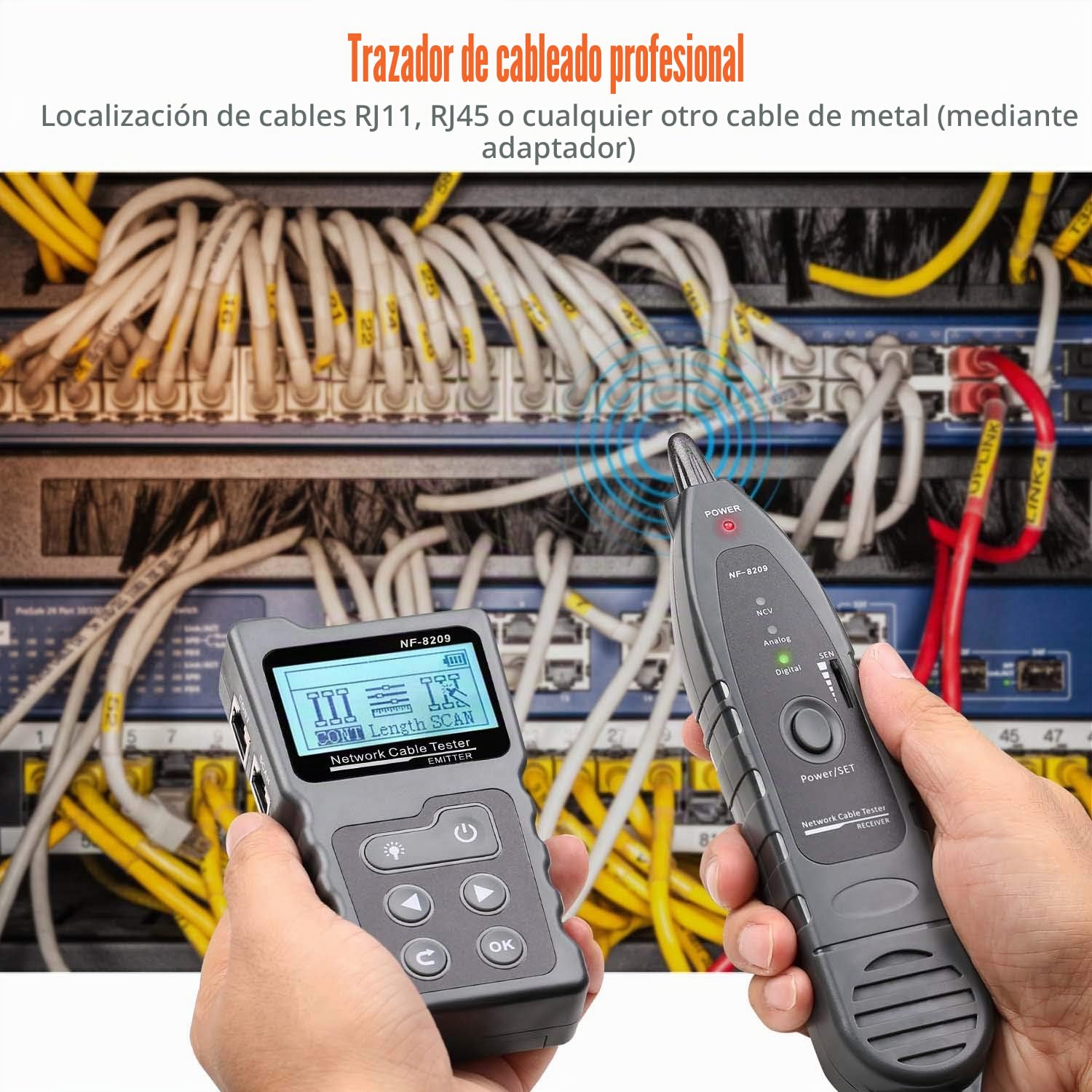 4 en 1 Network Cable Tracker PoE Tester con NCV y lámpara para CAT5e/CAT6/CAT6a, detecta voltaje PoE, estándares PSE, mide la distancia de falla del cable mediante la función TDR NF-8209