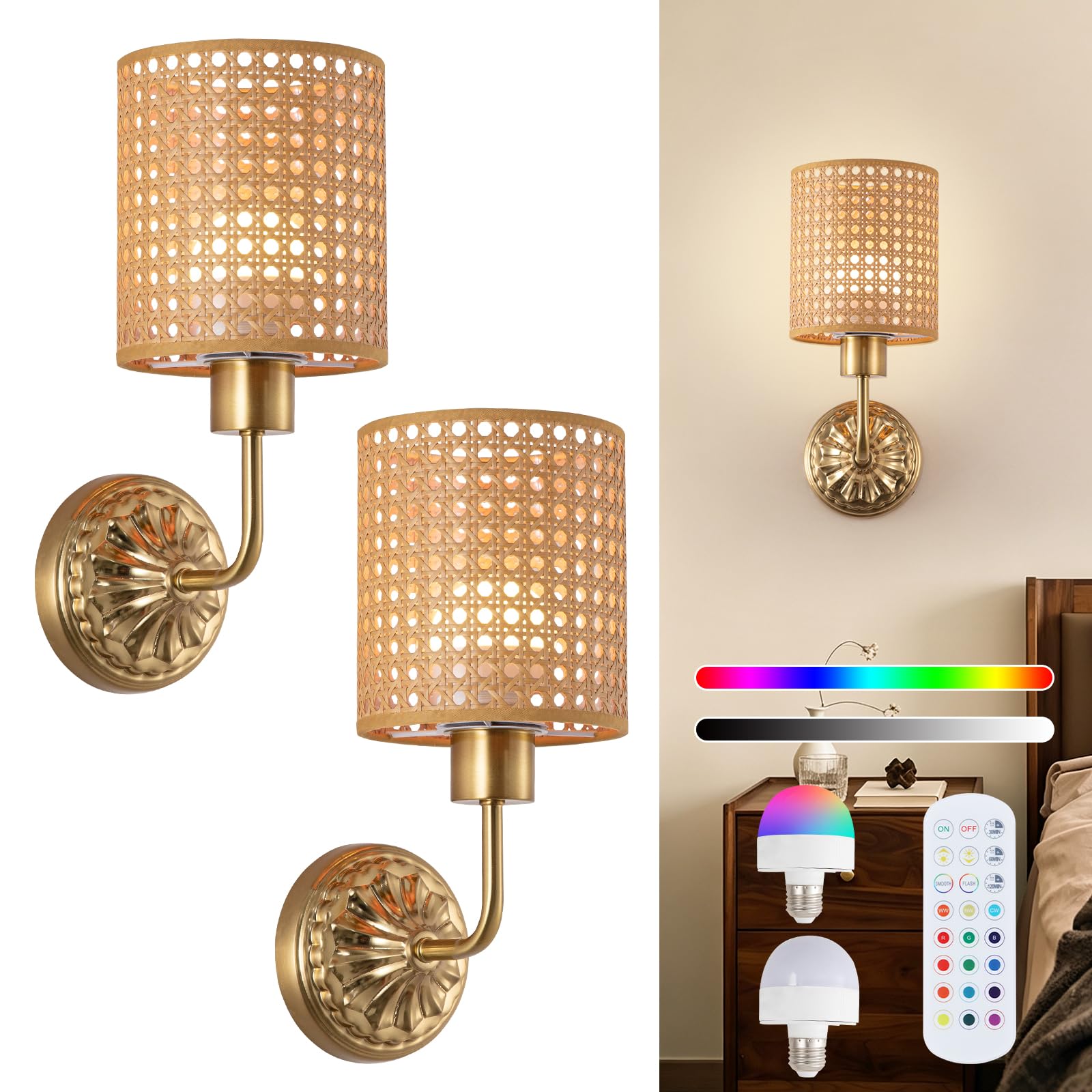 CANEOE Boho Battery Wall Lights,Cordless LED Wall Sconces with Remote,Wireless and Rechargeable Lamp for Wall Painting,Living Room,Bedroom,Hallway,Kitchen(2-Pack)