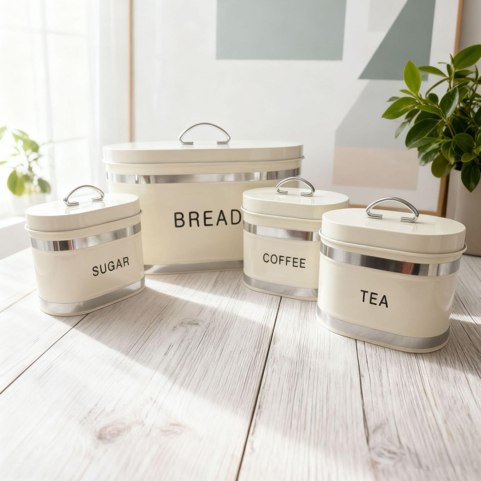 Fockety Küchenkanister für die Arbeitsplatte, Set mit 4 Luftdichten Mehl- und Zuckerbehältern mit Deckel, Bauernhaus-Lebensmittelaufbewahrungsbehälter für Mehl, Zucker, Kaffee, Tee (WHITE)