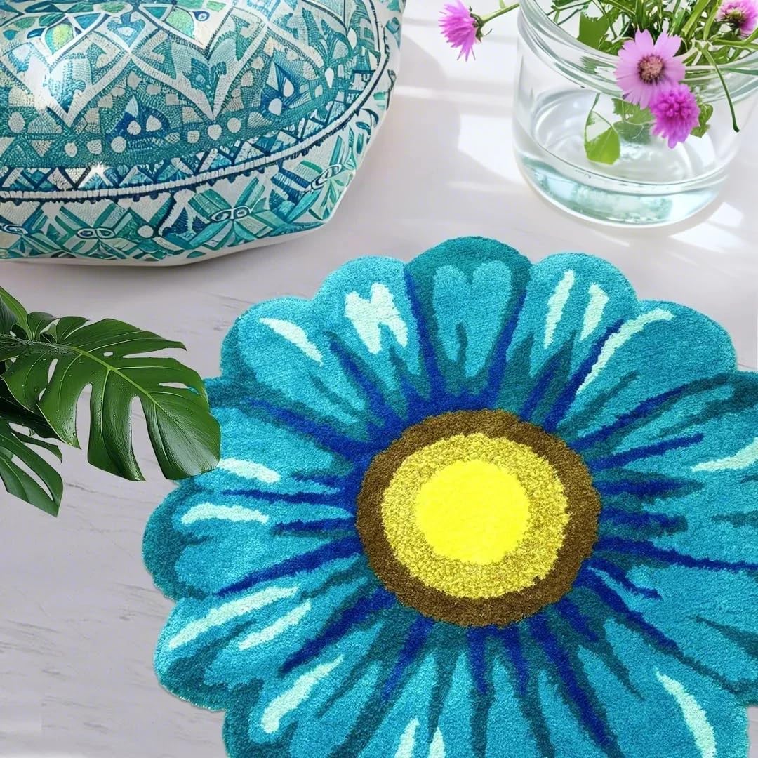 Floral Bathroom Rug Daisy Bathmat Round Bedroom Doormat Shaggy Circle Flower Toilet Carpet Kids Room Bedside Area Rug Kitchen Sink Mat, Easy Washble, Nonslip, Thick, 25.6in, Blue