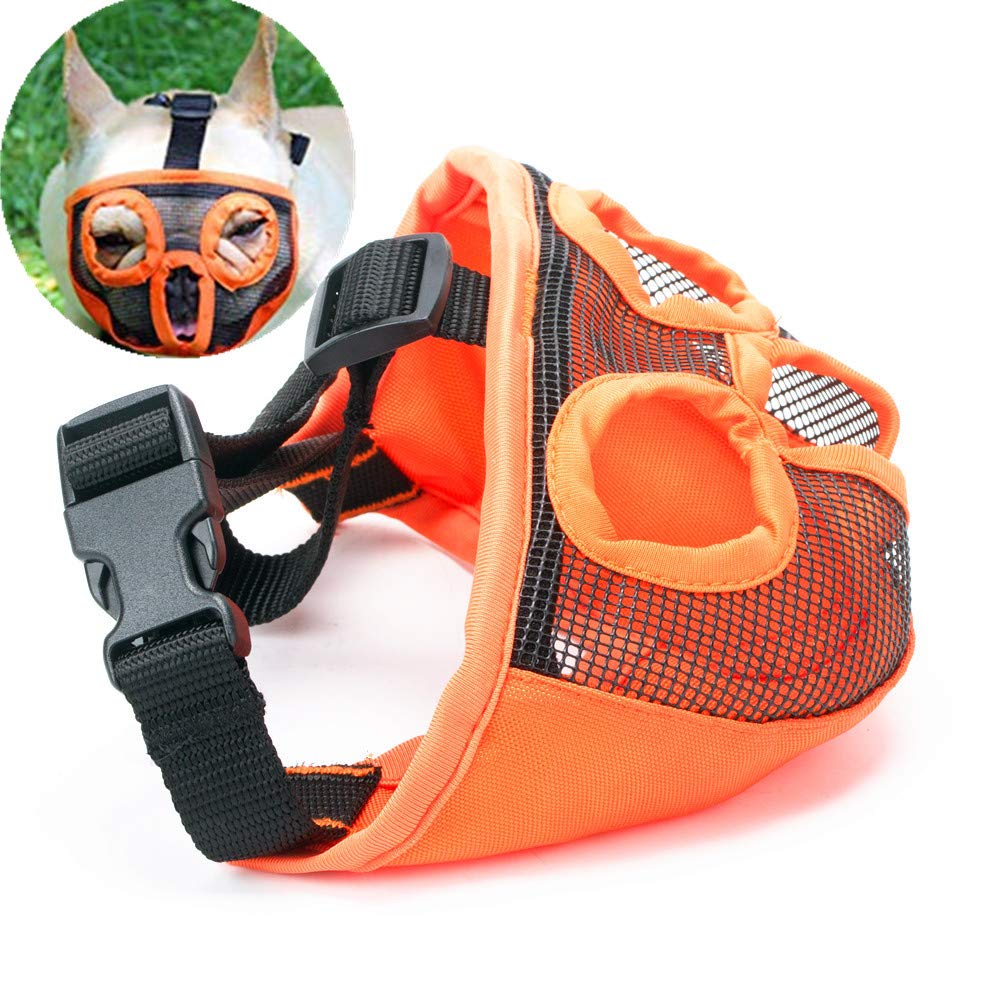 Short Snout Dog Muzzle- Adjustable Bulldog Muzzle Breathable Mesh Dog Mask for Biting Chewing Barking Training Licking and Grooming,Orange S