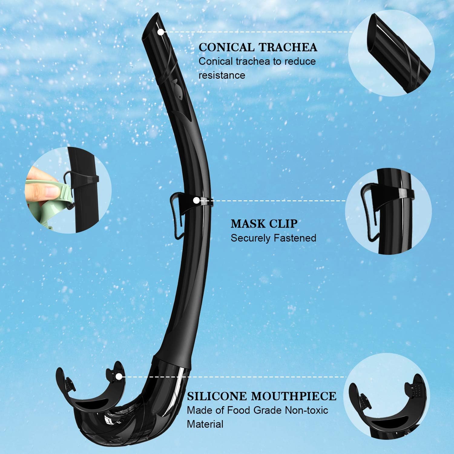 Bairuifu Freediving Snorkel - Flexible Silicone Snorkel Tube for Diving, Snorkelling, Freediving and Spearfishing - Suitable for Adult and Young Divers（Black） : Sports & Outdoors