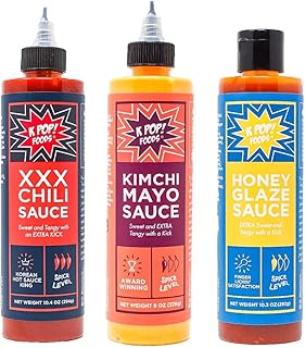 KPOP Foods K-TOWN Korean BBQ Sauce Set. Includes: (1) Kimchi Spicy Mayo Sauce, (1) XXX BBQ Hot Sauce, and (1) Honey Glaze ...