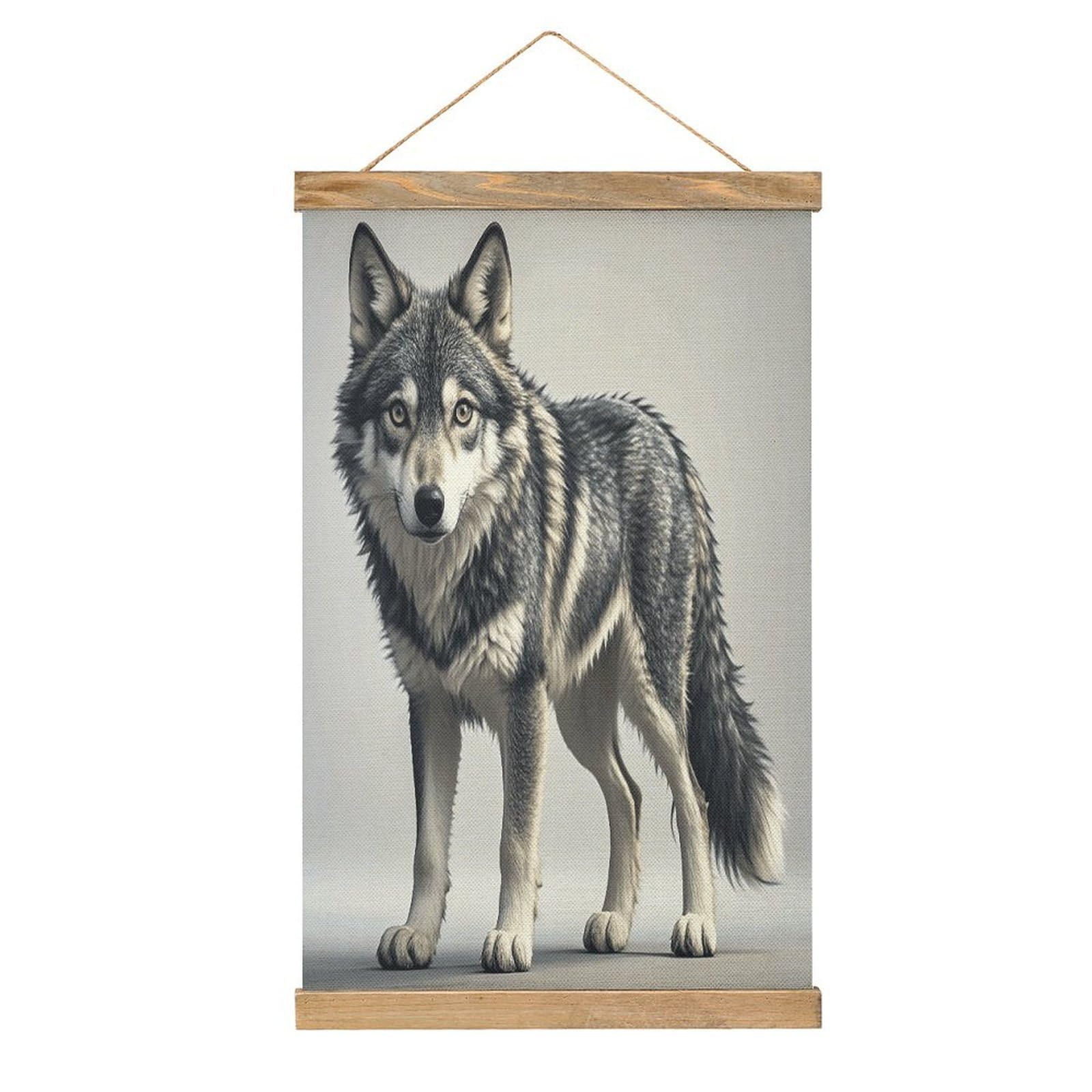 VstaDank Cute Wolf Hanging Poster with Wooden Frame Modern Linen Hanging Painting Retro Style Wall Decor Art Painting for Living Room,Bedroom Decor Poster Frame 20.4x13.1inch