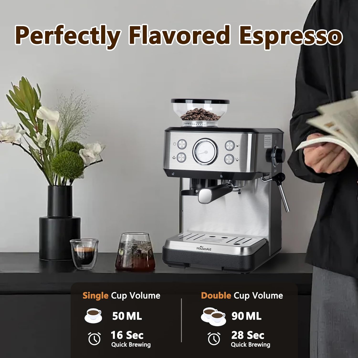 20 Bar Espresso & Coffee Maker with Built-in Grinder (12 Levels) - 1050W Stainless Steel Espresso Machine with Milk Frother, 1.6L Tank & Push-Button Control