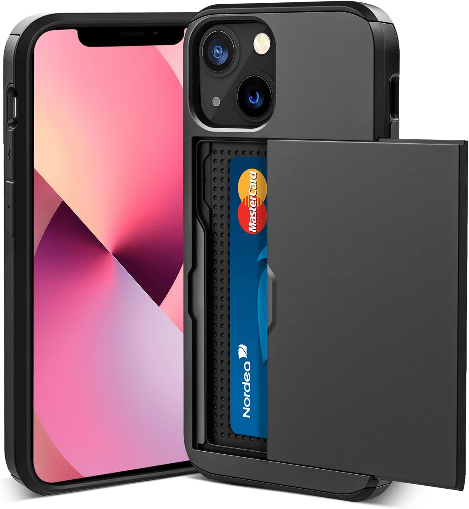 ACOCOBUY for iPhone 13 Case with Card Holder Sliding Cover Hidden Pocket IDs Credit Cards Slot Heavy Duty Shockproof Protective Dual Layer Wallet Phone Cover Back Shell for Men Women 6.1 inch Black