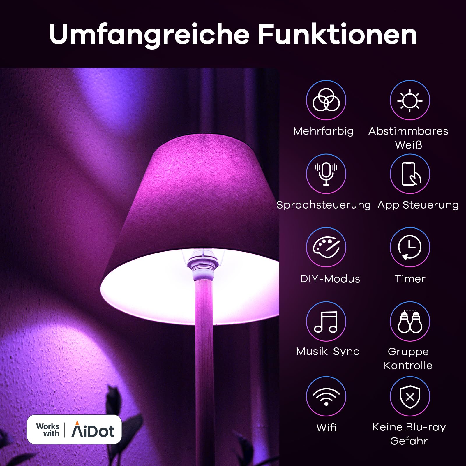Linkind Lampadina LED collegata Wi-Fi RGBTW E27, Matter compatibile con Alexa/Siri/Google Home/SmartThings, 1800-6500K, Multicolore, sincronizzazione musicale, 800 lm, sostituisce 60 W, confezione da