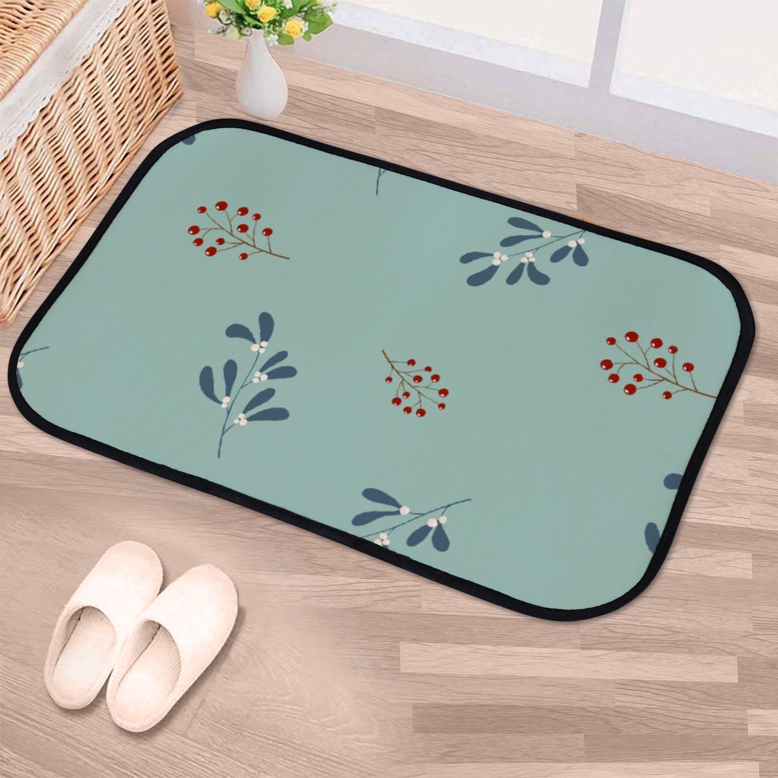 Nuansexi Bathroom Rugs Christmas Plants Green Floor Mats Non Slip Bathmat Doormat Tub Mat Coral Velvet Absorbent Entrance Carpet Mats Machine Washable Bedroom Decor