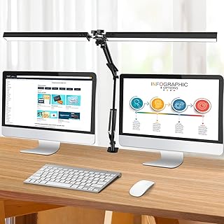 LED Desk Lamp with Clamp, Super Bright Double Head Desk Lamps for Home Office, 5 Color Modes, 10%~100% Dimmable Brightness, Architect Task Desk Light, Modern Swing Arm Workbench Desk Lighting