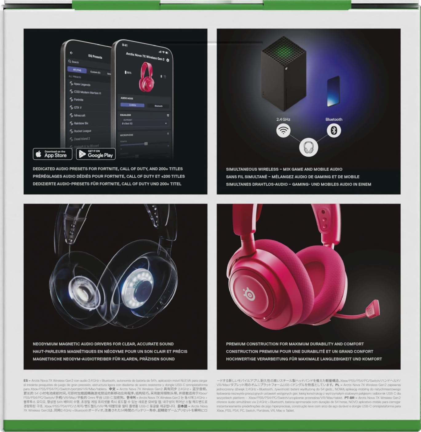 SteelSeries Arctis Nova 7X Wireless Gen 2 do gier -sterowanie aplikacją w czasie rzeczywistym - 50H + -przetworniki magnetyczne z magnesem neodymowym -miks 2,4 GHz/Bluetooth-Xbox,PS5,Switch 1/2,mobile