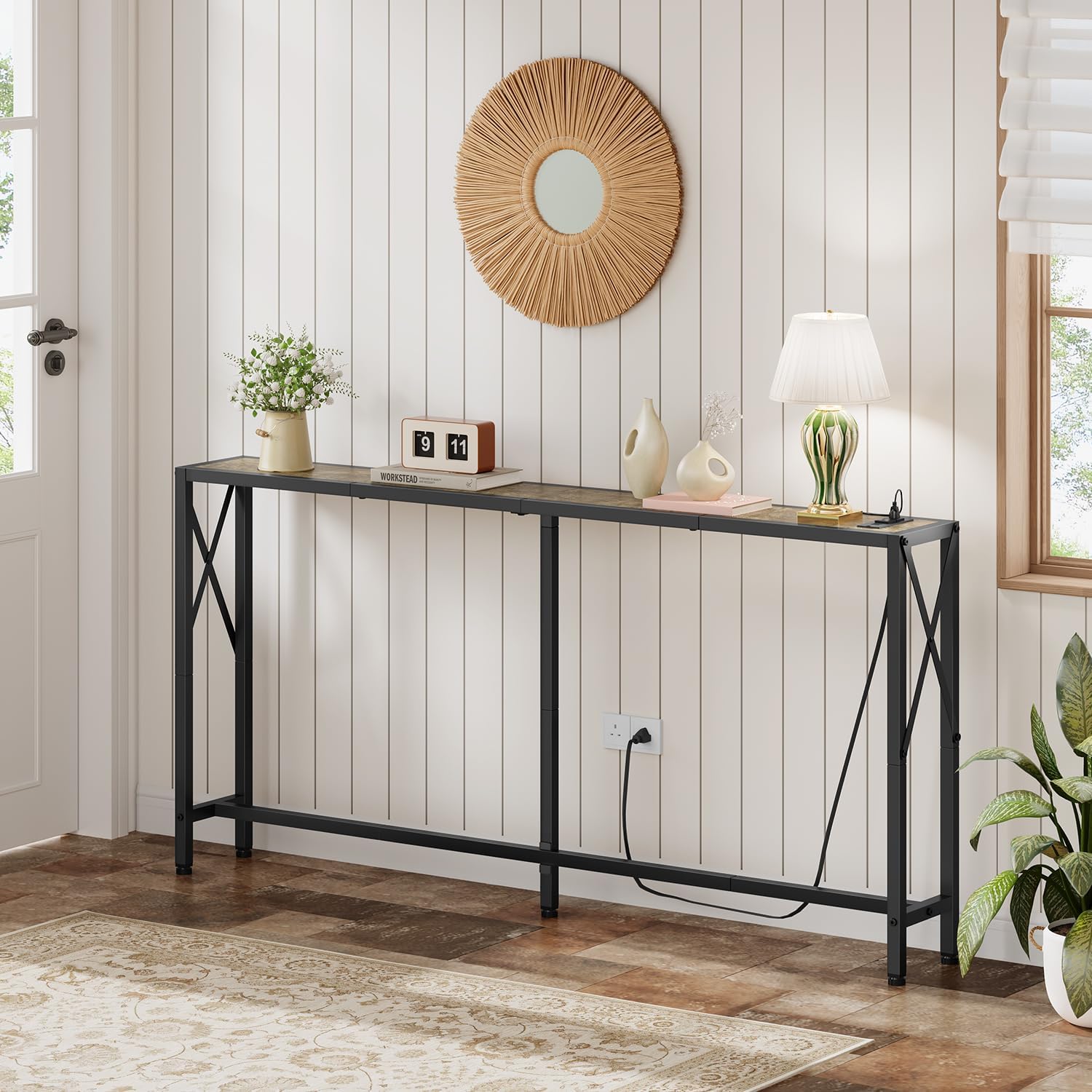 Sofa Table with Oulets and USB Ports, 55.1" Couch Table Behind Sofa, Industrial Long Skinny Stand for Hallway, Living Room, Bedroom, 6.5 Feet Power Cord