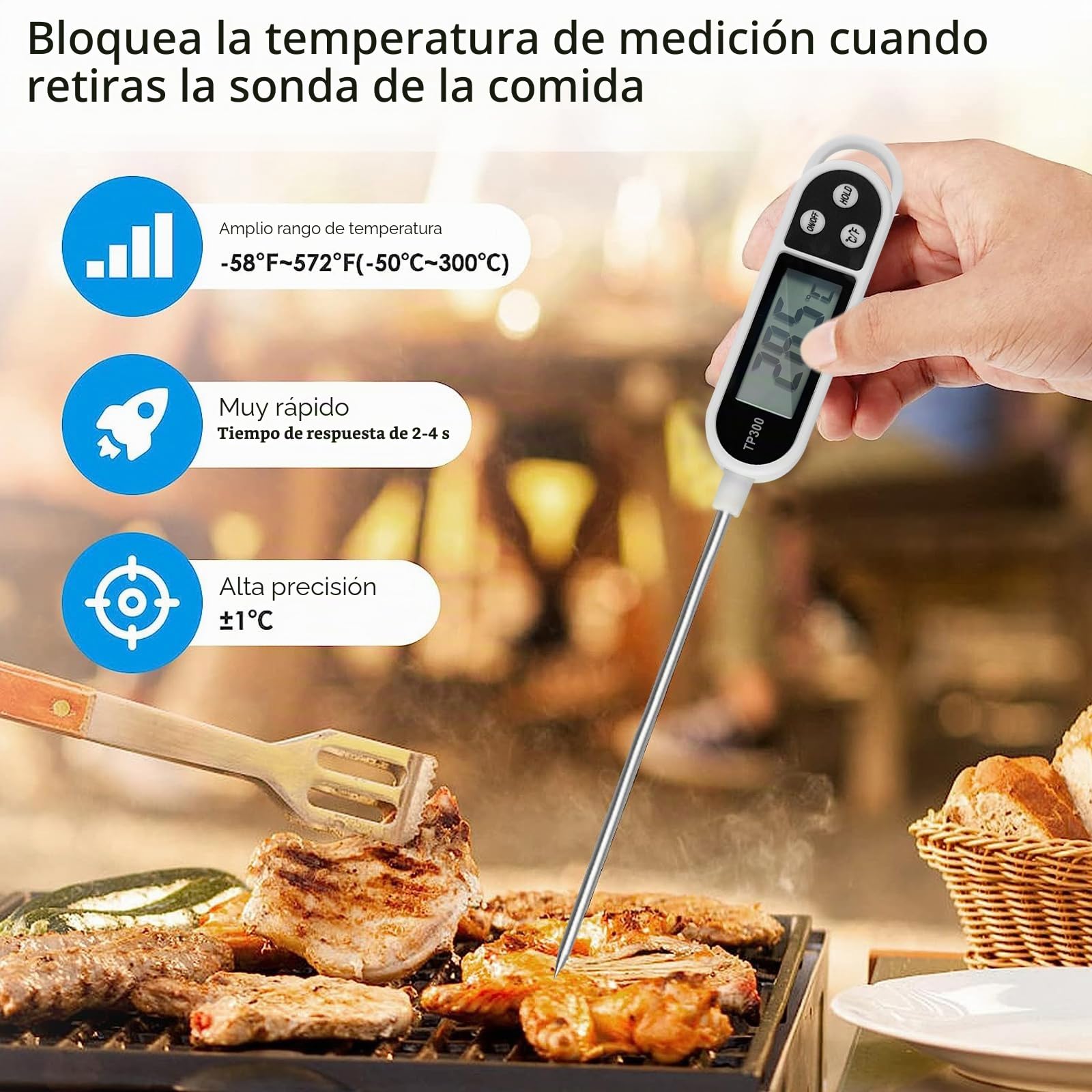Nutabevr Termómetro Digital de Cocina,Termómetro de Cocina con sonda Larga,3S Lectura Instantánea Termómetro Doméstico Con LCD para alimentos y bebidas, asado, parrilla, Leche, Agua, Aceite,Sopa