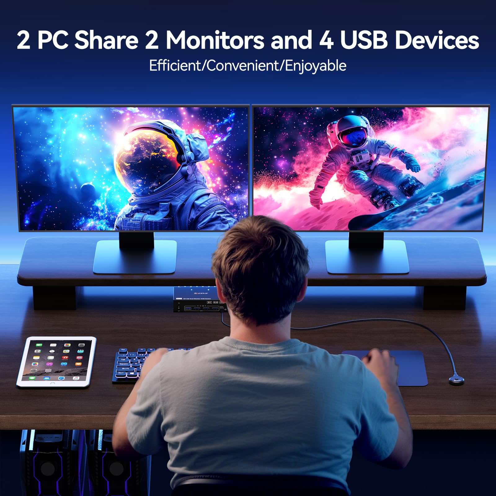 Commutateur KVM 4K @ 144 Hz, 2 moniteurs, 2 ordinateurs 8K @ 60 Hz, MLEEDA HDMI et Displayport Commutateur KVM double moniteur avec 4 ports USB 3.0 pour clavier, souris, imprimante, avec télécommande
