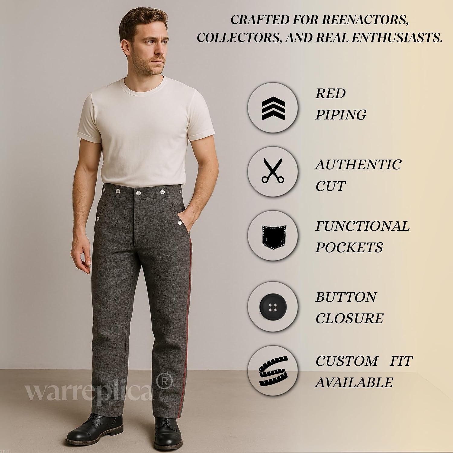 warreplica WWI Imperial German Soldier Uniform Model 1907/10 Field-Grey Wool Piped Trousers - Reproduction
