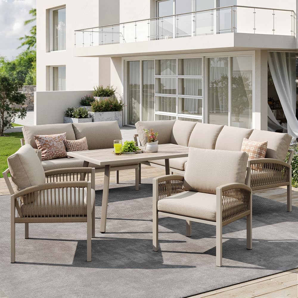 Sofá de jardín en forma de L para 8 personas/estructura de hierro con cojines beige/Incluye 1 mesa con tablero de cristal efecto madera y 2 sillones trenzados a mano/resistente a la intemperie