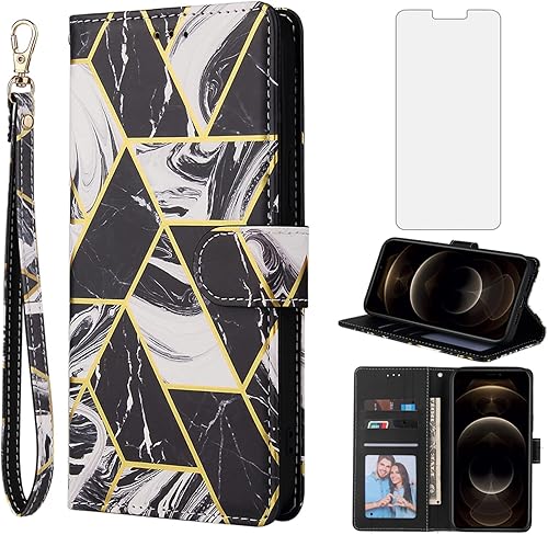 Asuwish Compatible con iPhone 12 Pro iPhone12 6.1 Funda tipo cartera y protector de pantalla de vidrio templado, soporte para tarjetas, accesorios