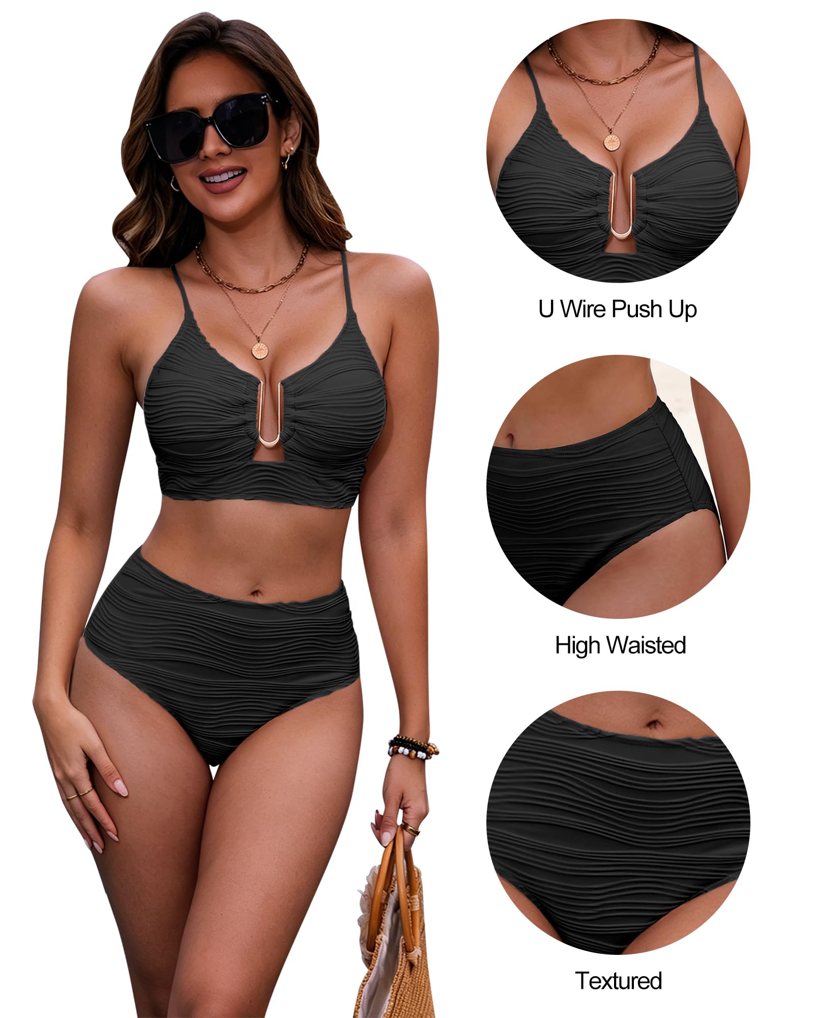 HORISUN Hochtaillierter Bikini Damen Zweiteilig mit verstellbaren Trägern U-Metallverschluss Push Up Bauchweg Figurformend Badebekleidung für Strandurlaub Schwimmbad