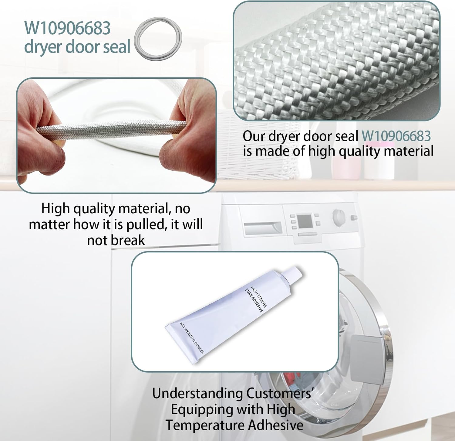 W10906683 Dryer Door Seal Part Replaces W10823580, AP6034191 Dryer Door Seal,Compatible with Maytag,Whirlpool WED49STBW1,WED4950HW0,WED5000DW2 and Kenmore Dryer Parts Model 110 Series,3 Year Warranty