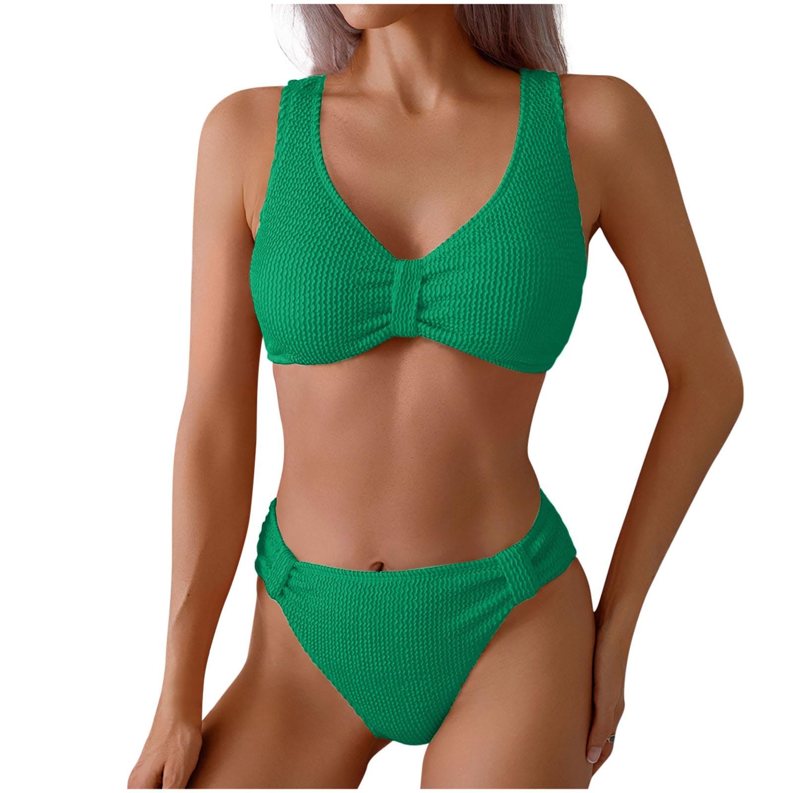 Womens Bikini Swimsuits 2 Piece Solid High Waisted Full Coverage Push up Bathing Suit High Cut Texture Beach