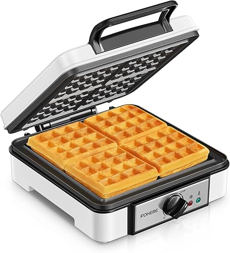 FOHERE Waffle Maker belga 4 rebanadas, plancha para gofres de 1200 W, 5 niveles de marrón, placas antiadherentes, mango de tacto frío, carcasa