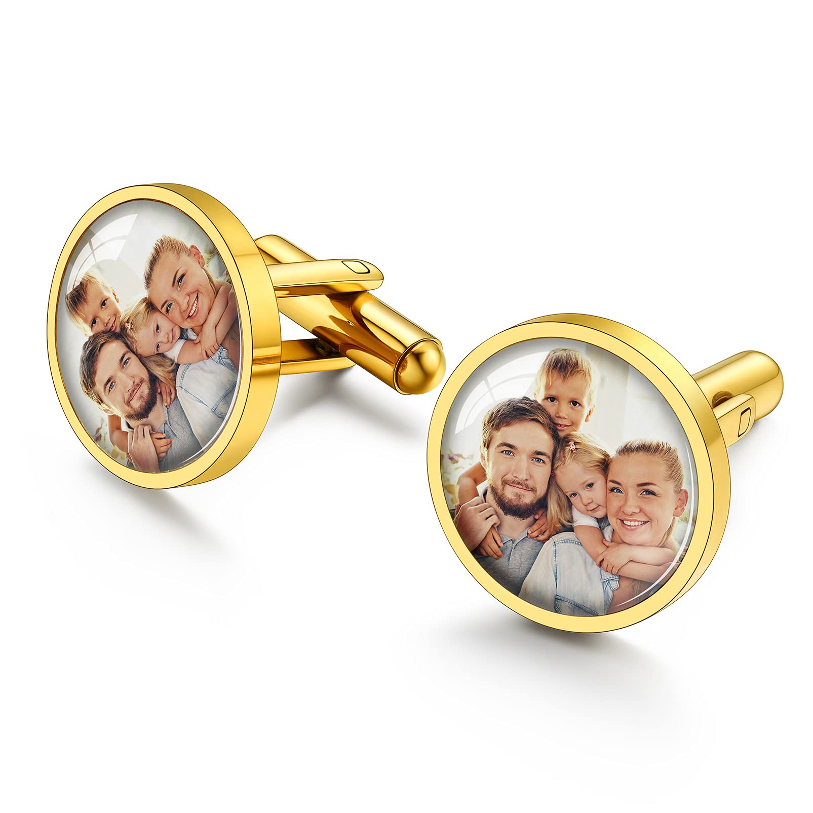 PROSTEEL Un Par de Gemelos Camisas Metal Poner Foto Letras para Padre Hijo Caballero Mujer, Cufflinks Gemelos Personalizables de Boda Trabajo, Viene con Caja de Regalo